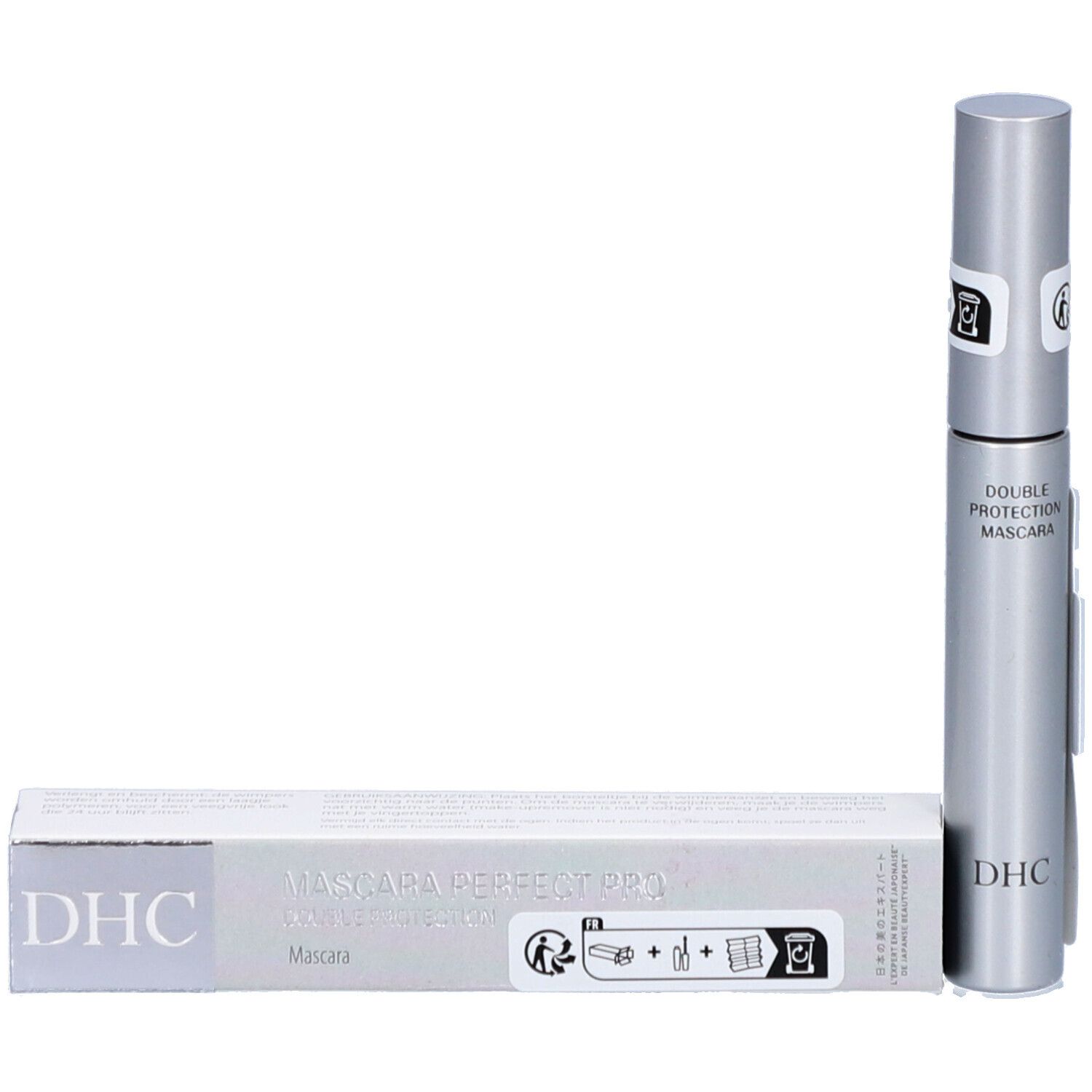 Tube de mascara et emballage. Emballage : blanc avec texte noir. Inscription : DHC, MASCARA PERFECT PRO. Tube de mascara : argenté.
