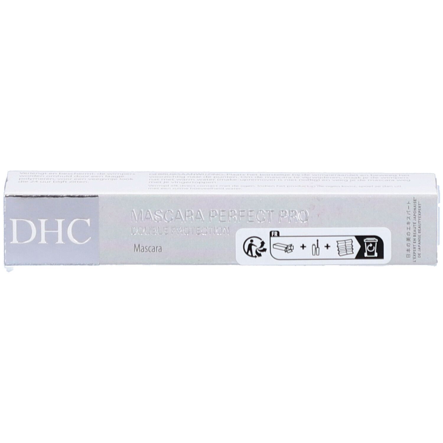 Emballage blanc avec texte noir. Inscription : DHC, MASCARA PERFECT PRO. Illustration d'un tube de mascara et pictogrammes.