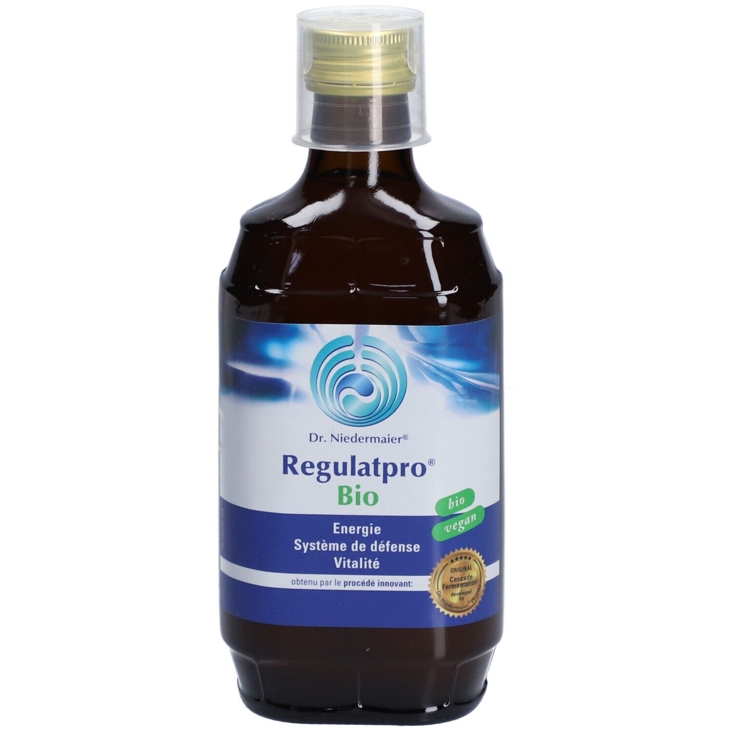 Braune Glasflasche mit blau-weißem Etikett. Aufschrift: Dr. Niedermaier Regulatpro Bio. Mit Schraubverschluss und Siegel.