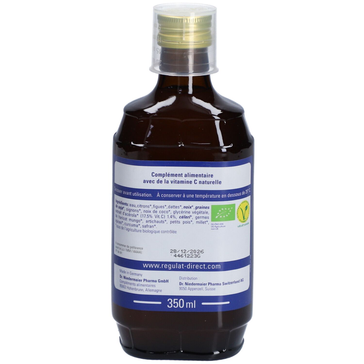 Braune Glasflasche mit Etikett. Aufschrift: Inhaltsstoffe, 350ml, www.regulat-direct.com. Mit Schraubverschluss und Siegel.