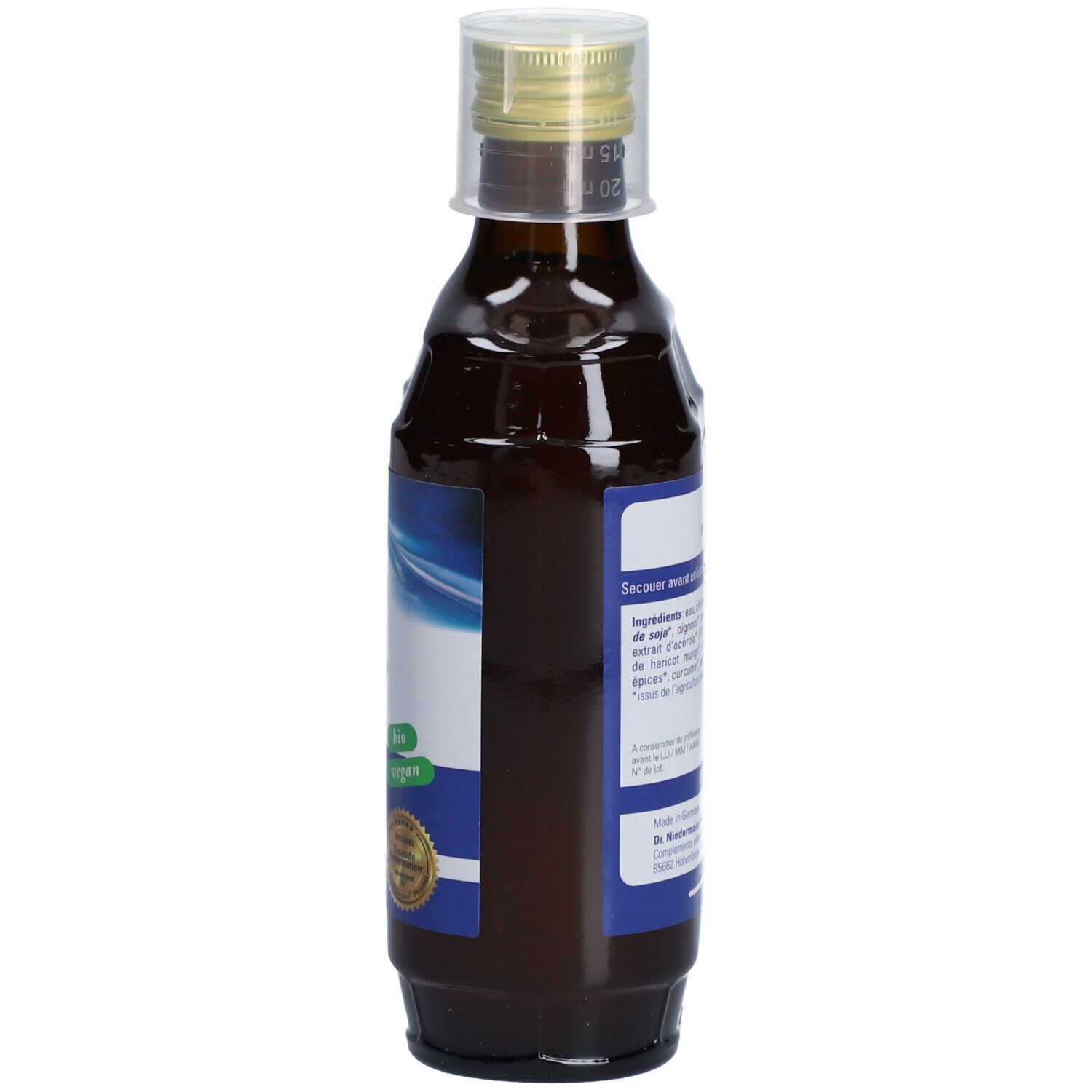 Braune Glasflasche mit blau-weißem Etikett. Aufschrift nicht lesbar. Mit Schraubverschluss und Siegel.