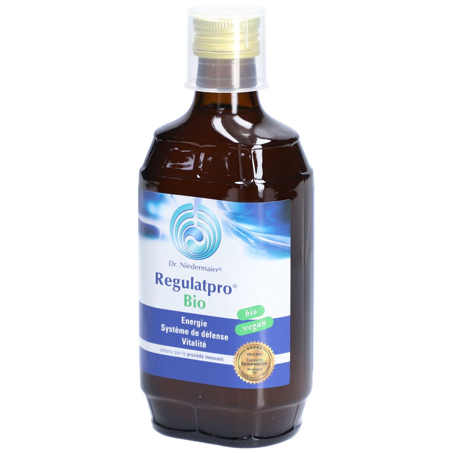 Braune Glasflasche mit blau-weißem Etikett. Aufschrift: Dr. Niedermaier Regulatpro Bio. Mit Schraubverschluss und Siegel.