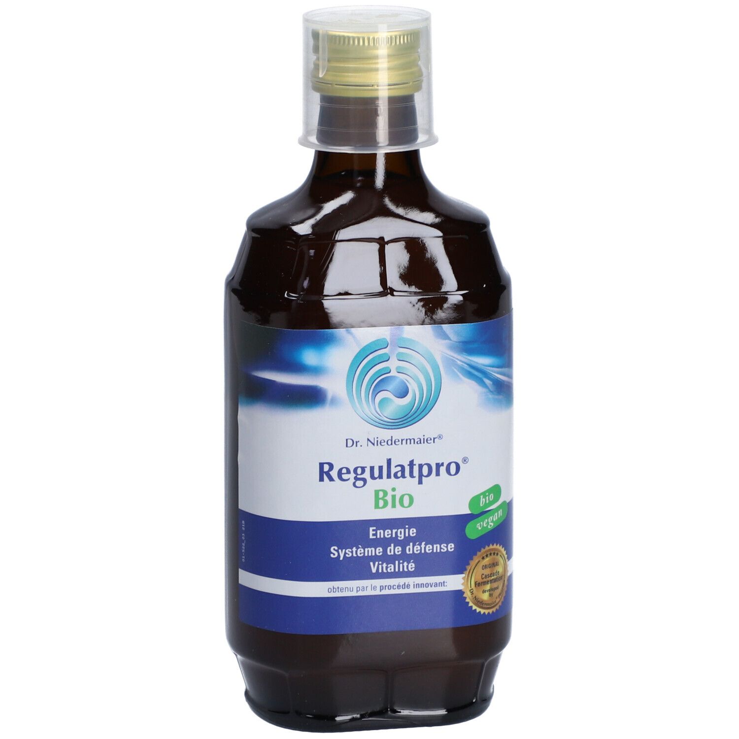 Braune Glasflasche mit blau-weißem Etikett. Aufschrift: Dr. Niedermaier Regulatpro Bio. Mit Schraubverschluss und Siegel.