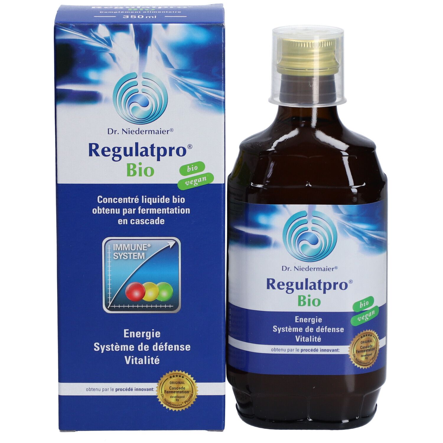 Produktflasche und Verpackung. Aufschrift: Dr. Niedermaier Regulatpro Bio. Mit Schraubverschluss und Siegel. Verpackung blau.