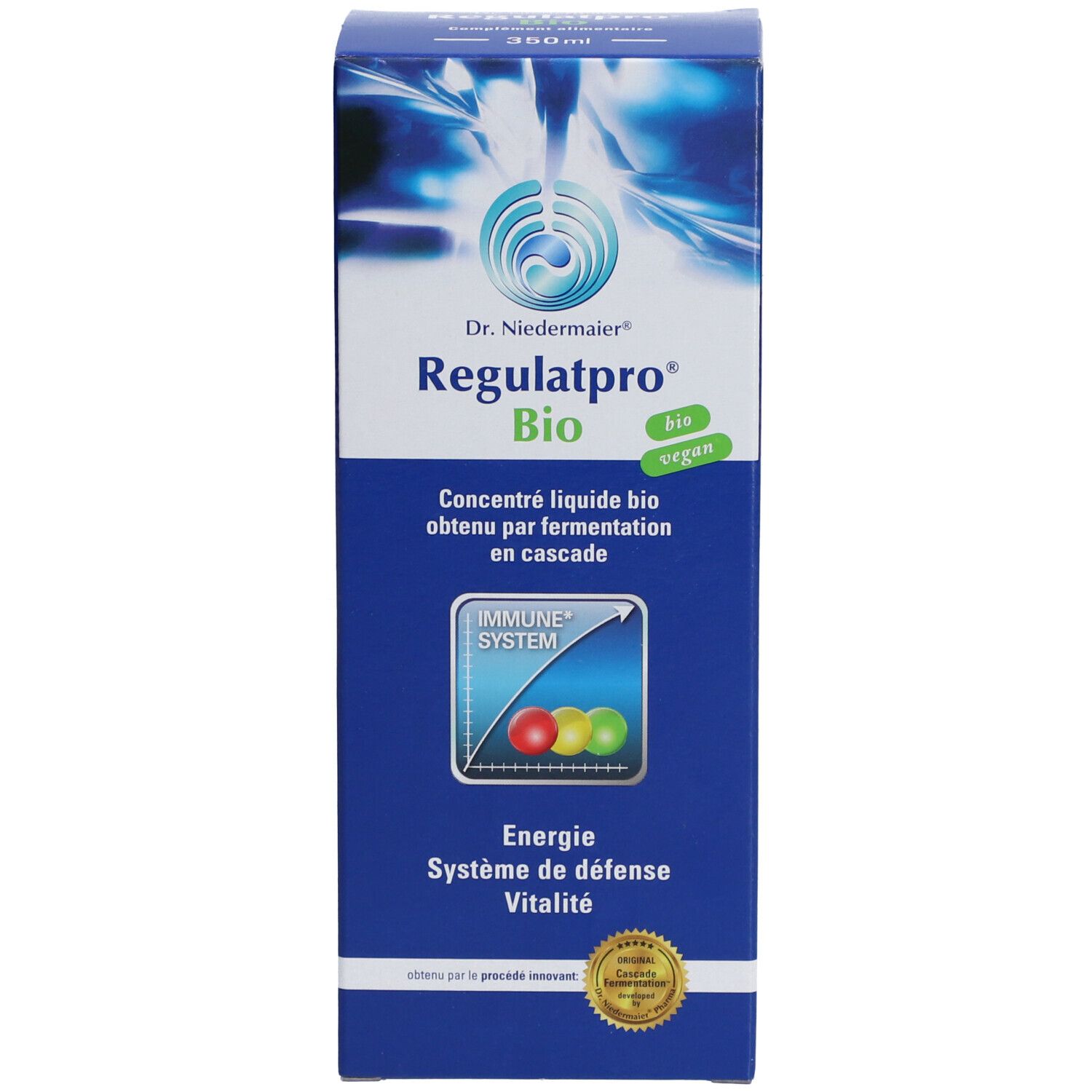 Blaue Produktverpackung. Aufschrift: Dr. Niedermaier Regulatpro Bio. Mit Logo und Produktinformationen.
