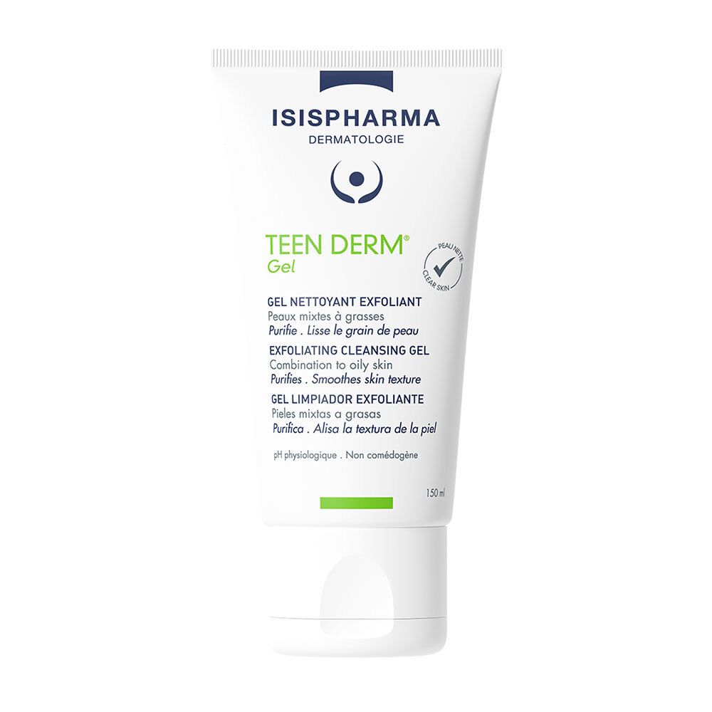 Tube blanche avec impression verte et bleue. Texte: ISISPHARMA, Teen Derm Gel, Exfoliating Cleansing Gel. Logo vert.