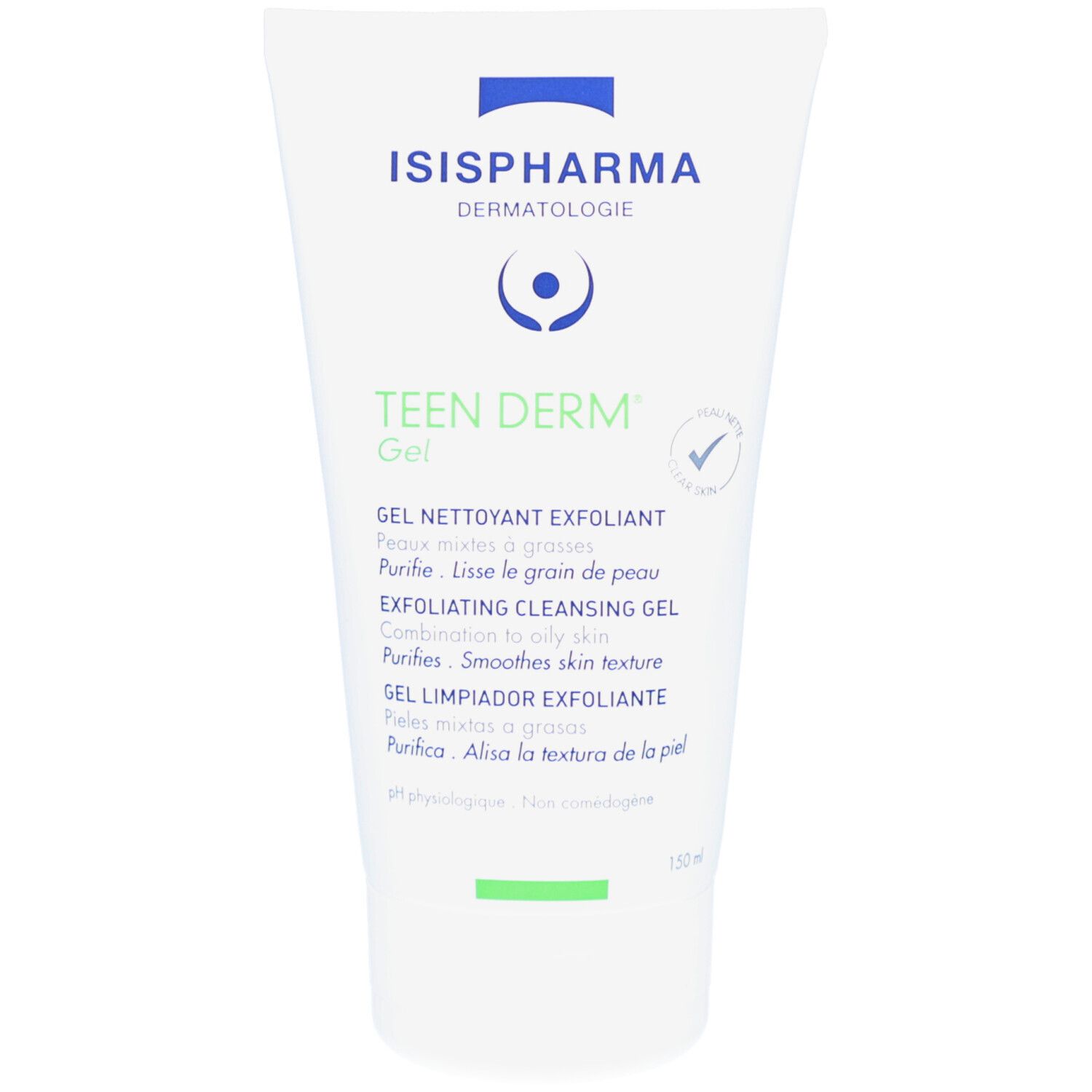Tube blanche avec impression verte et bleue. Texte: ISISPHARMA, Teen Derm Gel, Exfoliating Cleansing Gel. Logo vert.