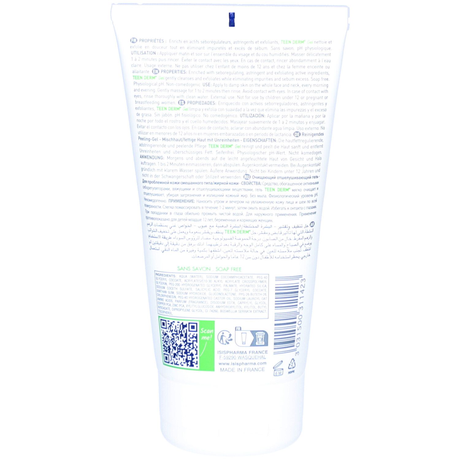 Dos d'un tube blanc. Texte et code QR. Impression verte. Informations du fabricant.