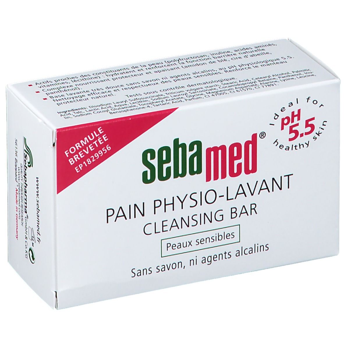 Weißer Karton mit Sebamed-Logo und Produktbezeichnung. Text: Pain Physio-Lavant, Cleansing Bar, pH 5.5. Für empfindliche Haut.