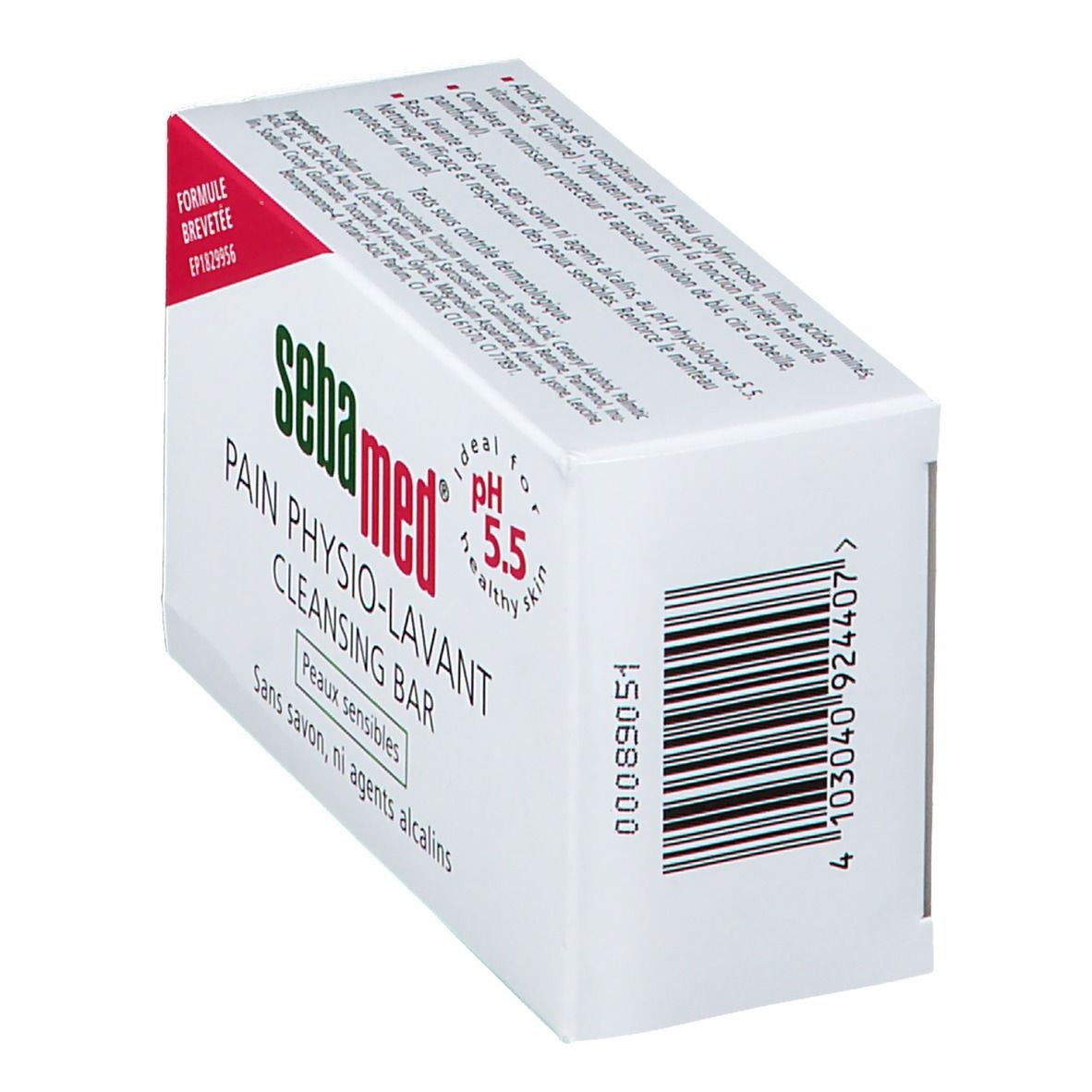 Schräg gestellte weiße Kartonverpackung mit Sebamed-Logo und Produktbezeichnung. Barcode und Text: Pain Physio-Lavant, pH 5.5.