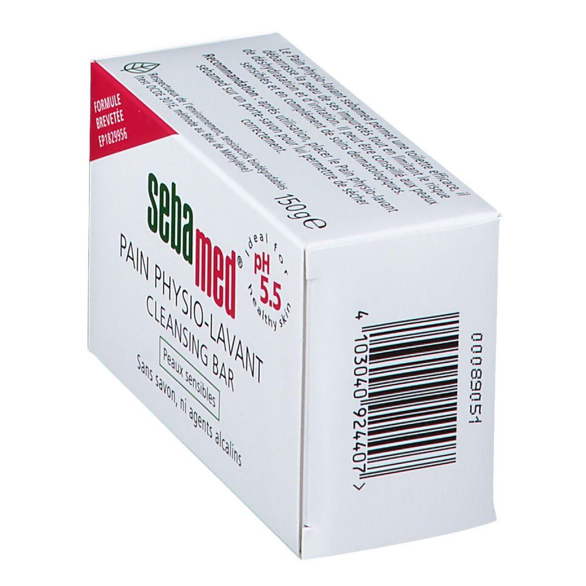 Schräg gestellte weiße Kartonverpackung mit Sebamed-Logo und Produktbezeichnung. Barcode und Text: Pain Physio-Lavant, pH 5.5, 150g.