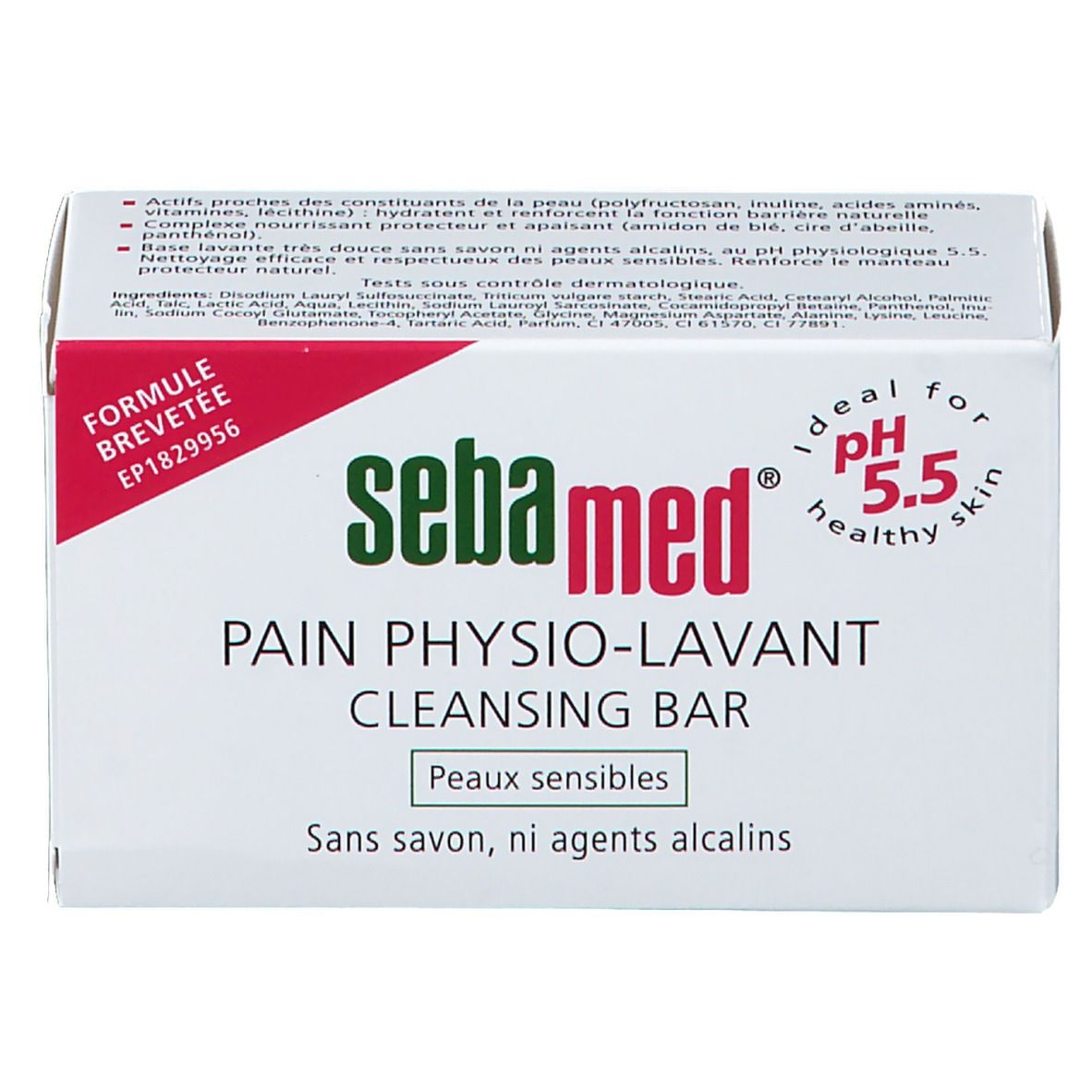 Weißer Karton mit Sebamed-Logo und Produktbezeichnung. Text: Pain Physio-Lavant, Cleansing Bar, pH 5.5. Für empfindliche Haut.