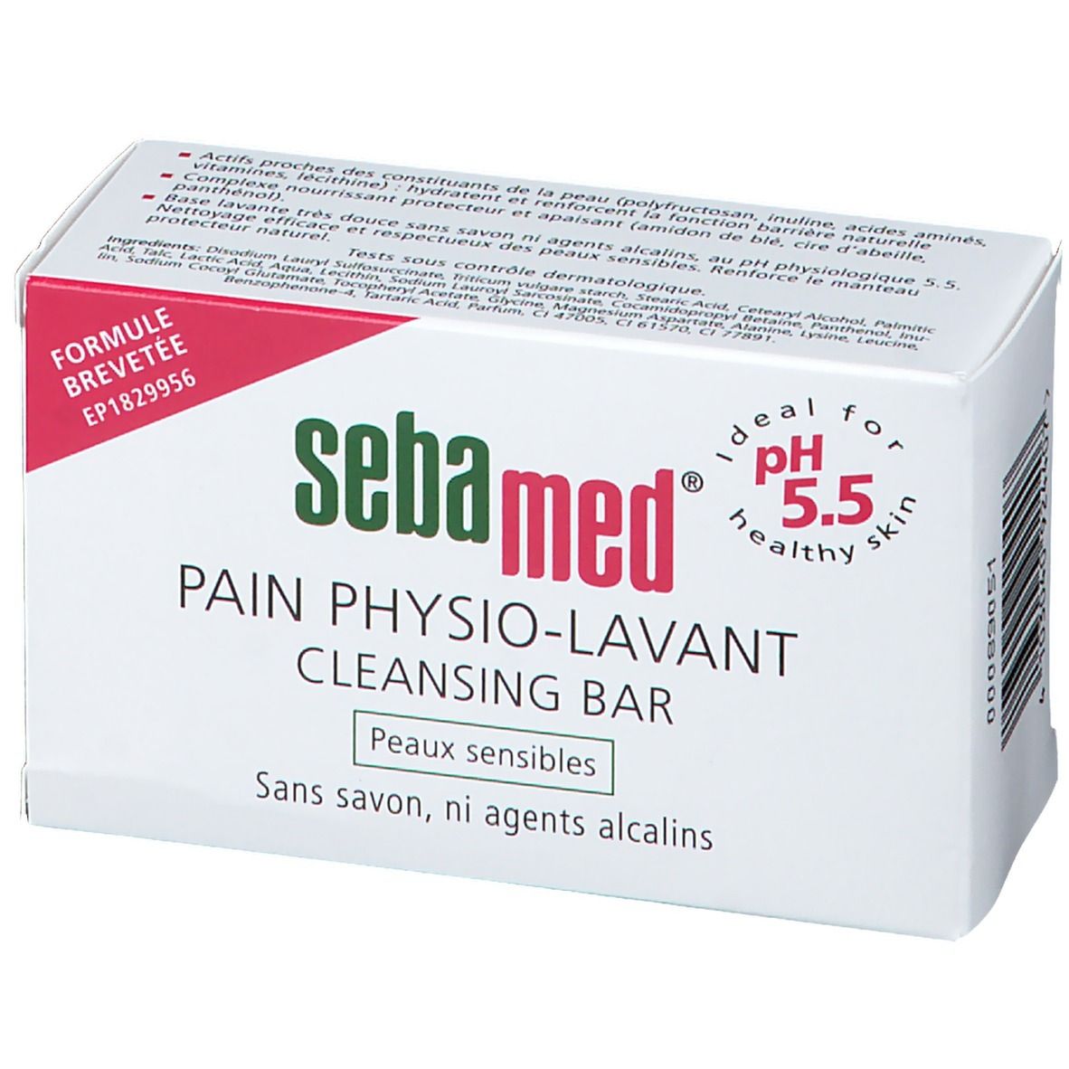 Weißer Karton mit Sebamed-Logo und Produktbezeichnung. Text: Pain Physio-Lavant, Cleansing Bar, pH 5.5. Für empfindliche Haut.