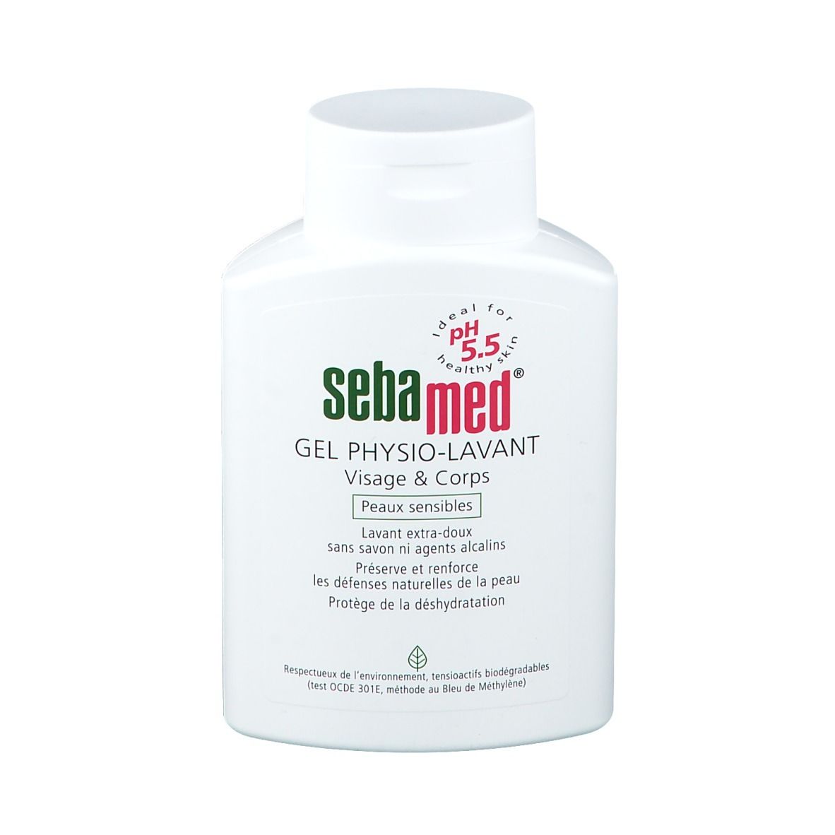 Weiße Flasche mit Sebamed-Logo und Produktbezeichnung. pH 5,5. Für empfindliche Haut. Gel für Gesicht und Körper.