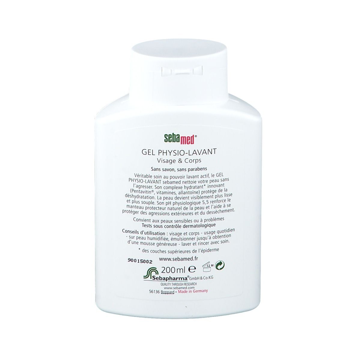 Rückseite der weißen Sebamed-Flasche. Produktinformationen, Inhaltsstoffe, Gebrauchsanweisung. 200 ml. Hergestellt in Deutschland.