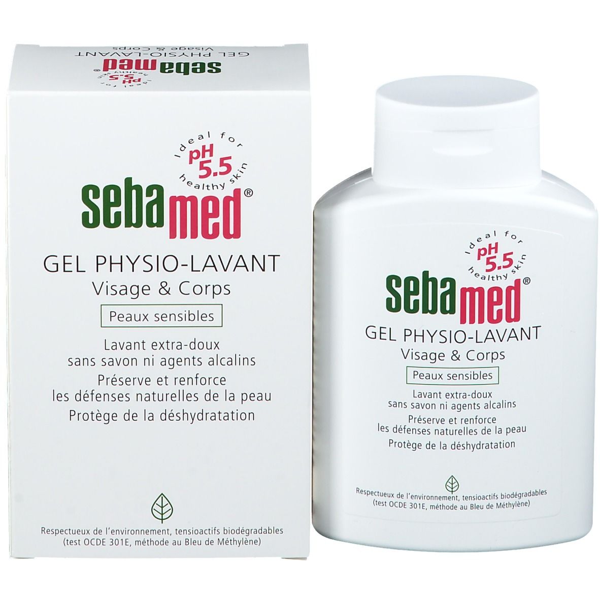 Sebamed-Produkt mit Verpackung. Gel Physio-Lavante Visage & Corps. Für empfindliche Haut. Weiße Verpackung mit Logo.