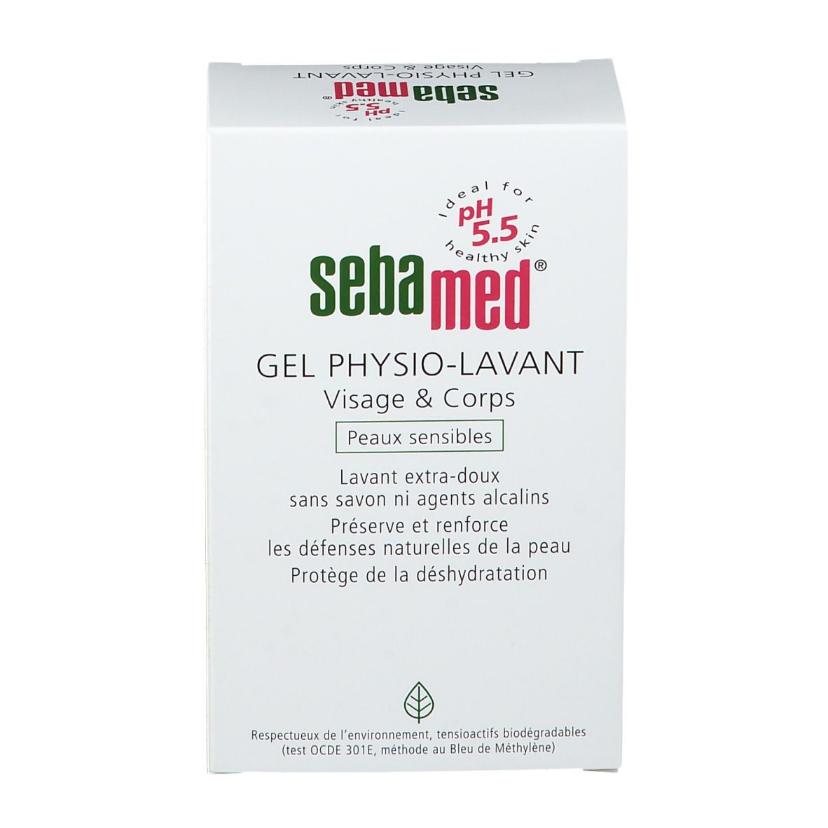 Weiße Verpackung mit Sebamed-Logo. Gel Physio-Lavante Visage & Corps. Für empfindliche Haut. Produktinformationen.
