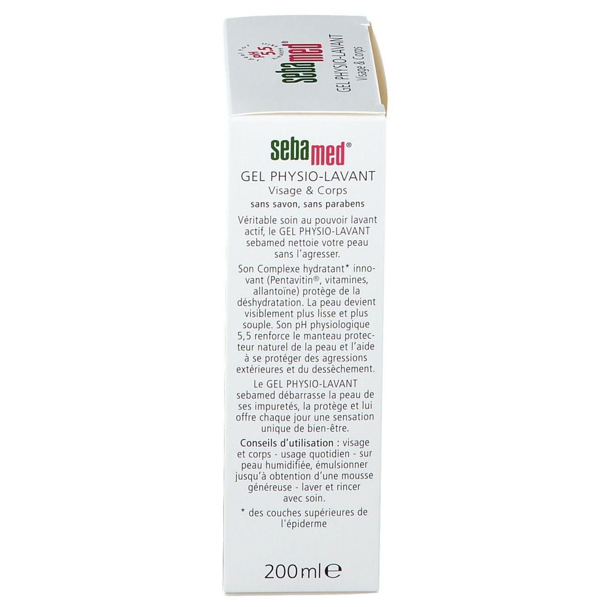 Seitenansicht der Sebamed-Verpackung. Gel Physio-Lavante Visage & Corps. Produktinformationen. 200 ml.