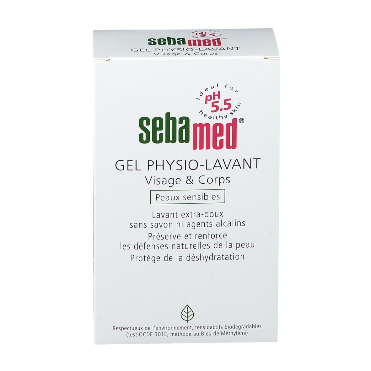 Weiße Verpackung mit Sebamed-Logo. Gel Physio-Lavante Visage & Corps. Für empfindliche Haut. Produktinformationen.