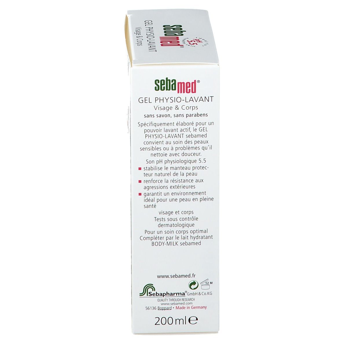 Seitenansicht der Sebamed-Verpackung. Gel Physio-Lavante Visage & Corps. Produktinformationen. 200 ml.