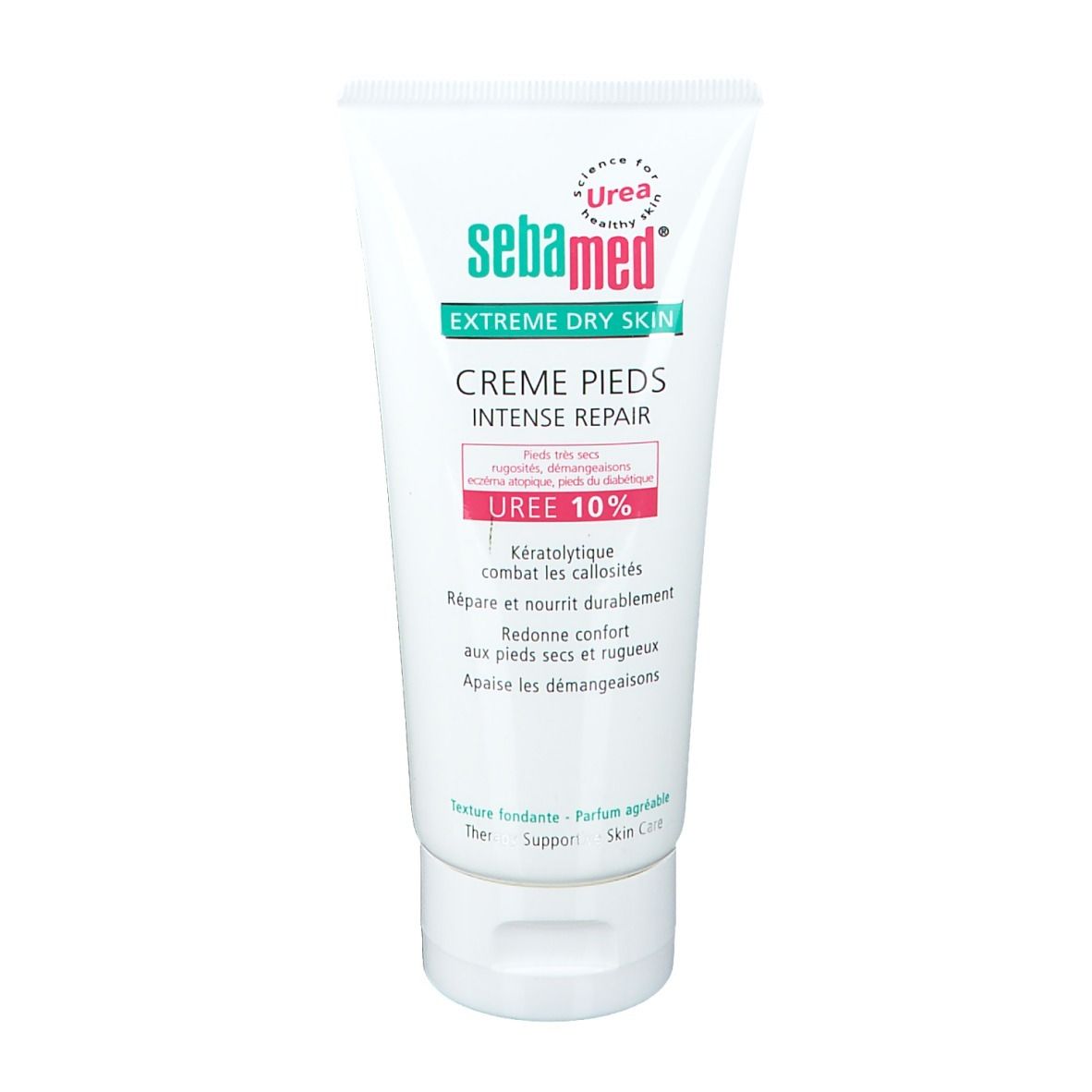 Sebamed® Creme für trockene Haut. Tube mit Creme, weiß mit grüner und roter Schrift. UREA 10% aufgedruckt.