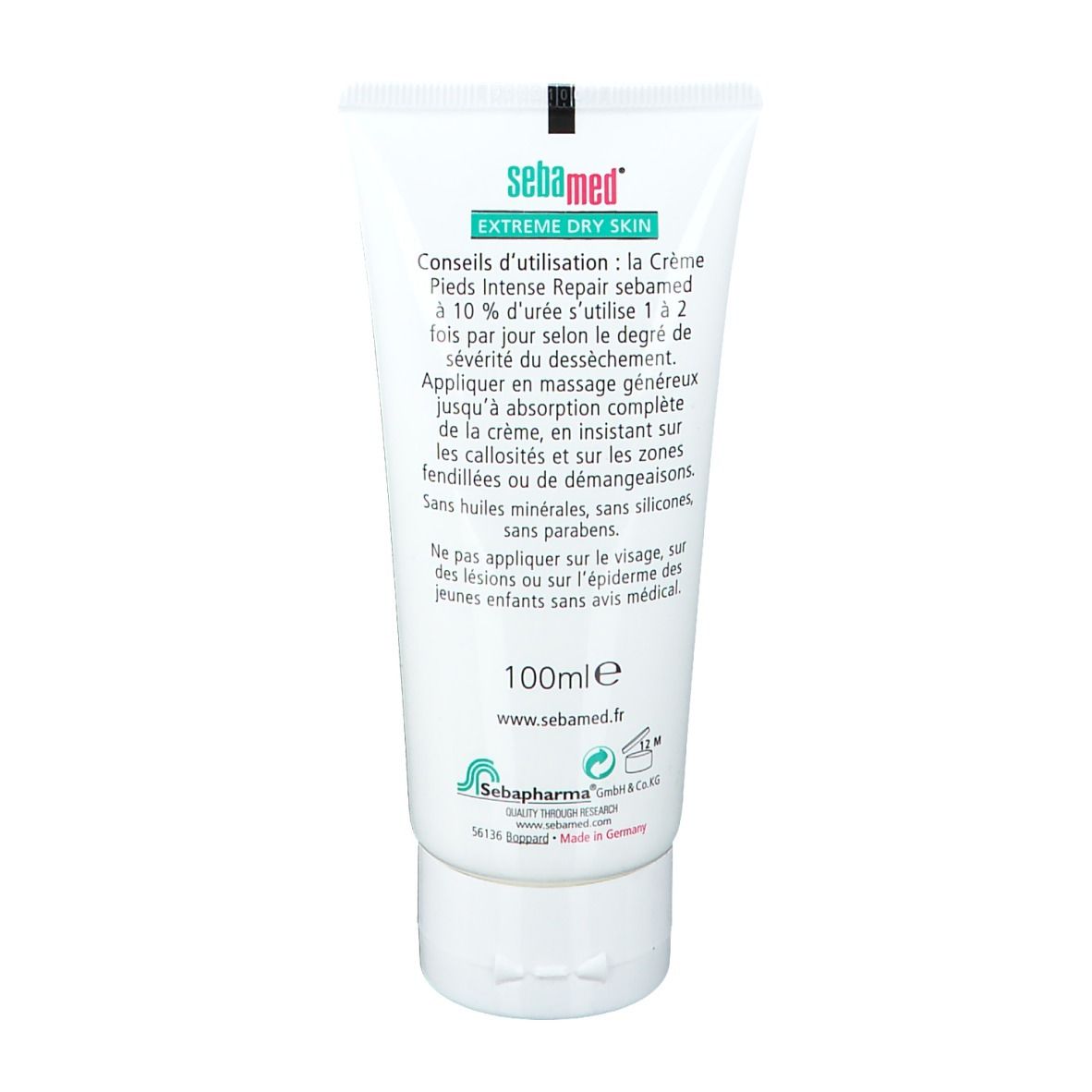 Rückseite der Sebamed® Creme-Tube. Enthält Informationen zur Anwendung und Inhaltsstoffe. 100ml.