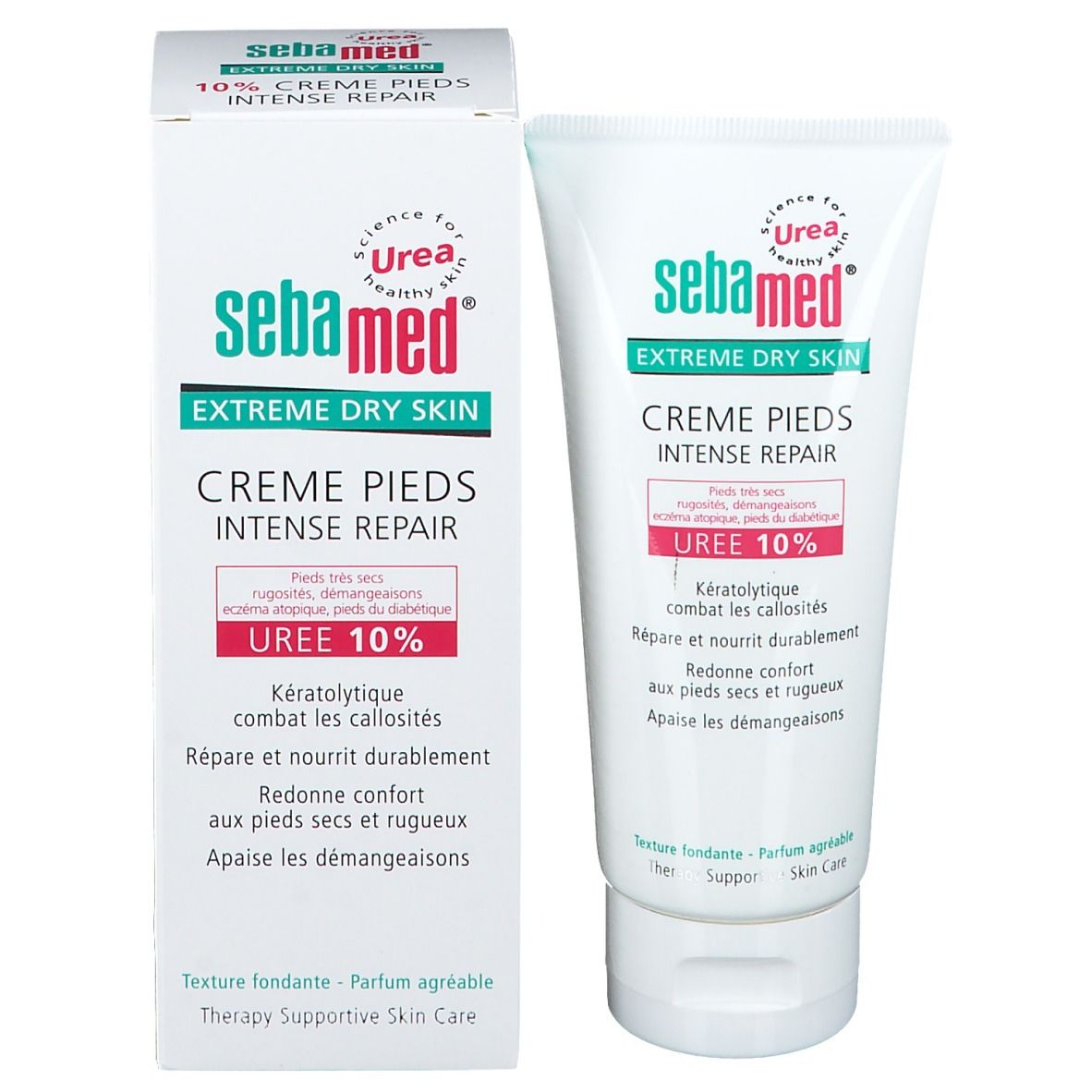 Sebamed® Creme und Verpackung. Tube und Karton, weiß mit grüner und roter Schrift. UREA 10% aufgedruckt.