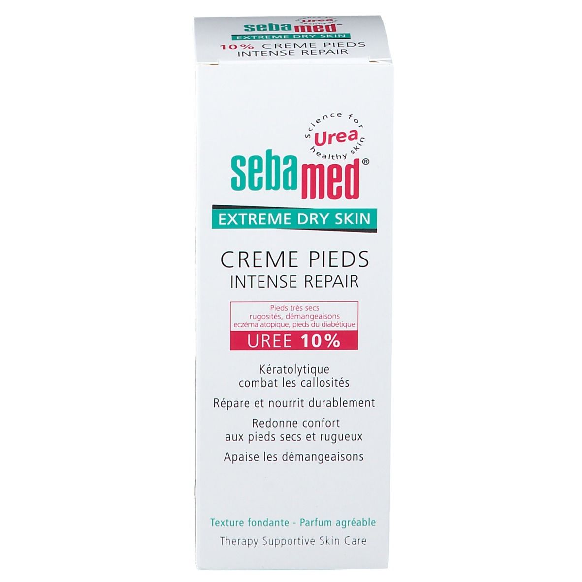 Kartonverpackung der Sebamed® Creme. Weiß mit grüner und roter Schrift. UREA 10% aufgedruckt.