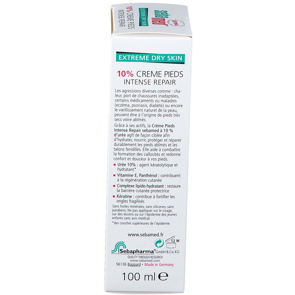 Rückseite der Sebamed® Creme-Verpackung. Enthält Informationen zu Inhaltsstoffen und Anwendung. 100ml.