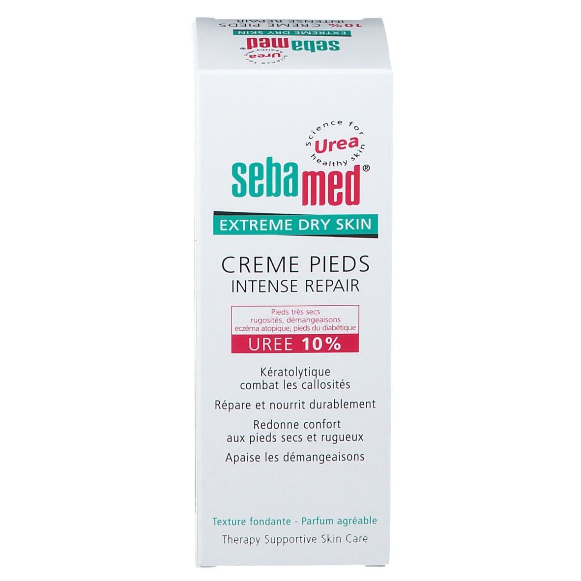 Sebamed® Creme-Verpackung. Weiß mit grüner und roter Schrift. UREA 10% aufgedruckt. Produktname und Marke.