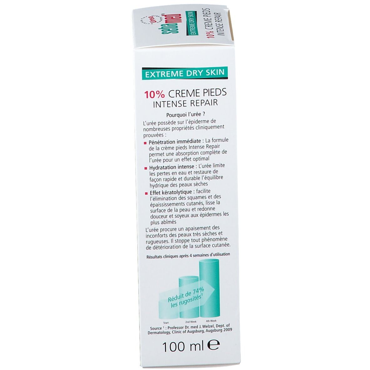 Rückseite der Sebamed® Creme-Verpackung. Enthält Informationen zur Wirkung und Ergebnisse. 100ml.