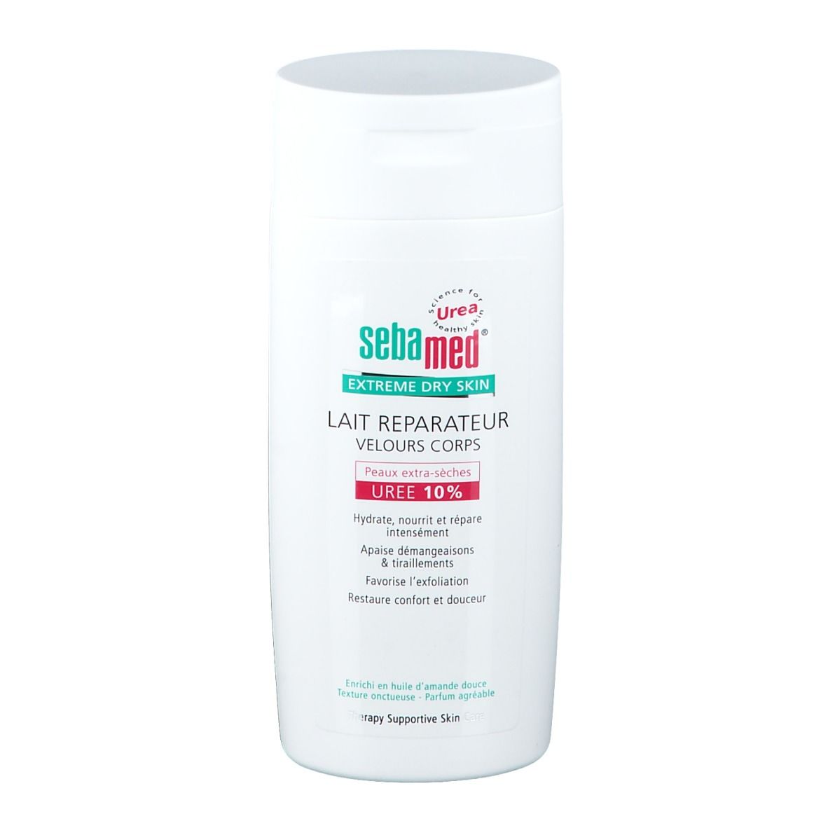 Flacon blanc avec étiquette verte et blanche. Inscription: sebamed, Extreme Dry Skin, Lait Réparateur Velours Corps, UREE 10%.