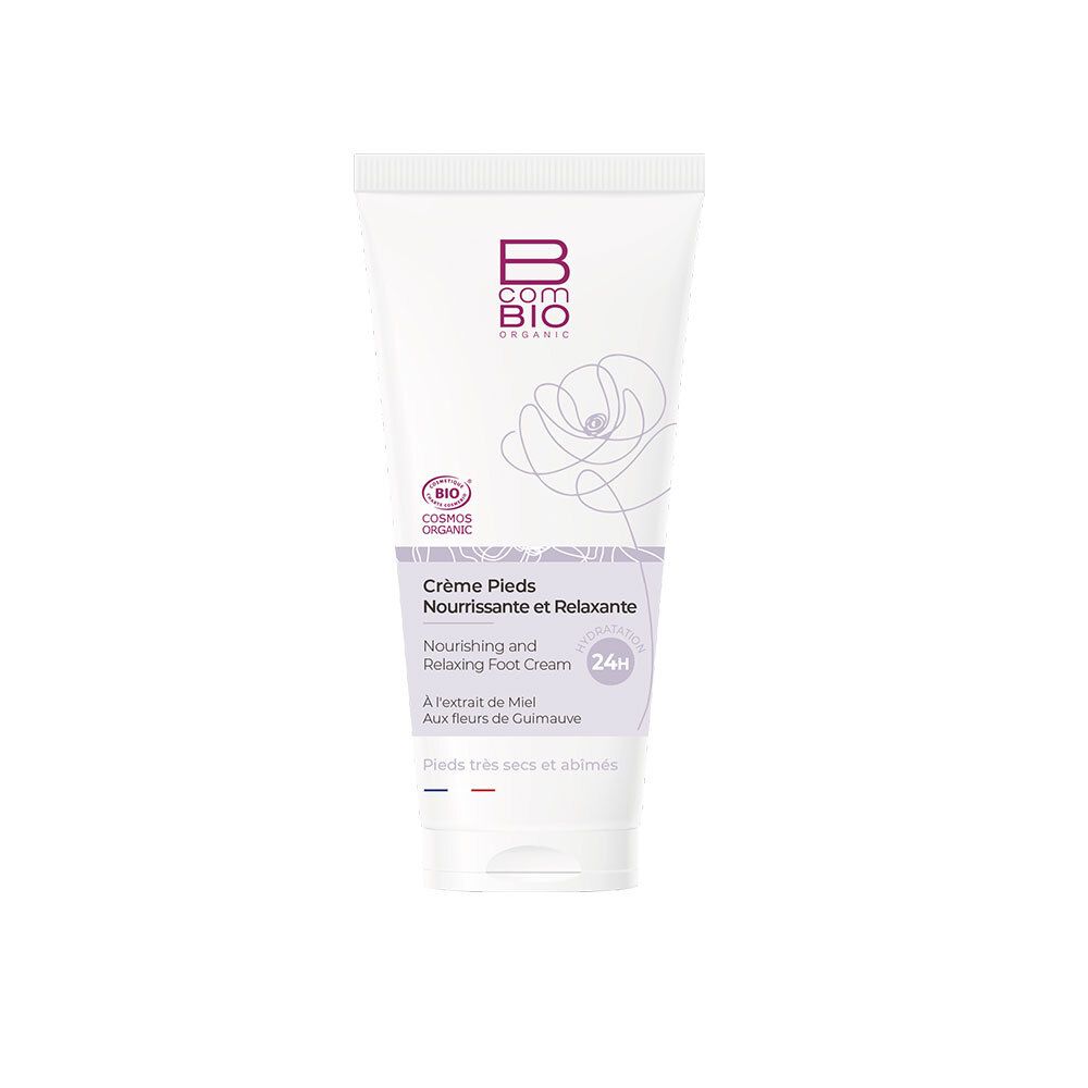 Tube blanc avec accents violets. Inscription: B COM BIO, Crème Pieds, Nourrissante et Relaxante. Certification bio.