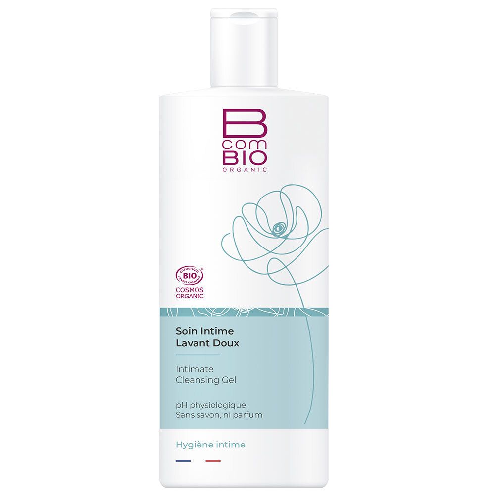 Weißes Fläschchen mit BcomBIO-Logo und Produktbezeichnung. Aufdruck: Soin Intime, Intimate Cleansing Gel, pH physiologique.
