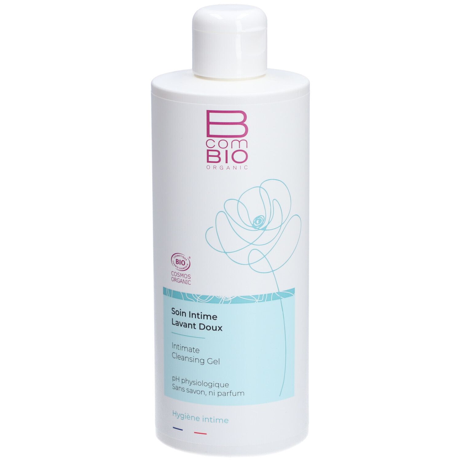 Weiße Flasche mit Schraubverschluss. Aufschrift: Bcom Bio Organic, Soin Intime Lavant Doux, Intimate Cleansing Gel.