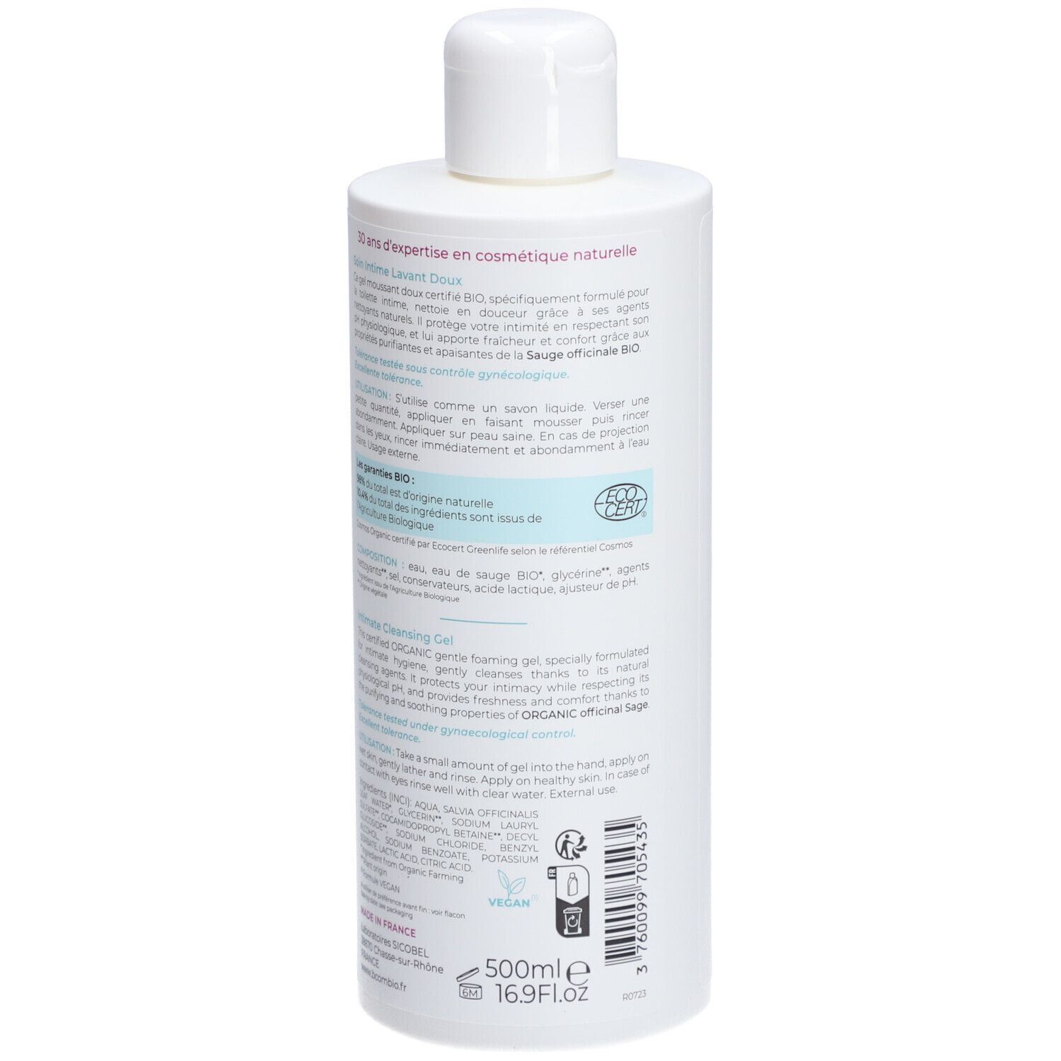 Weiße Flasche mit Schraubverschluss. Rückseite mit Text. Bio-Zertifizierung, Vegan-Logo, 500ml.