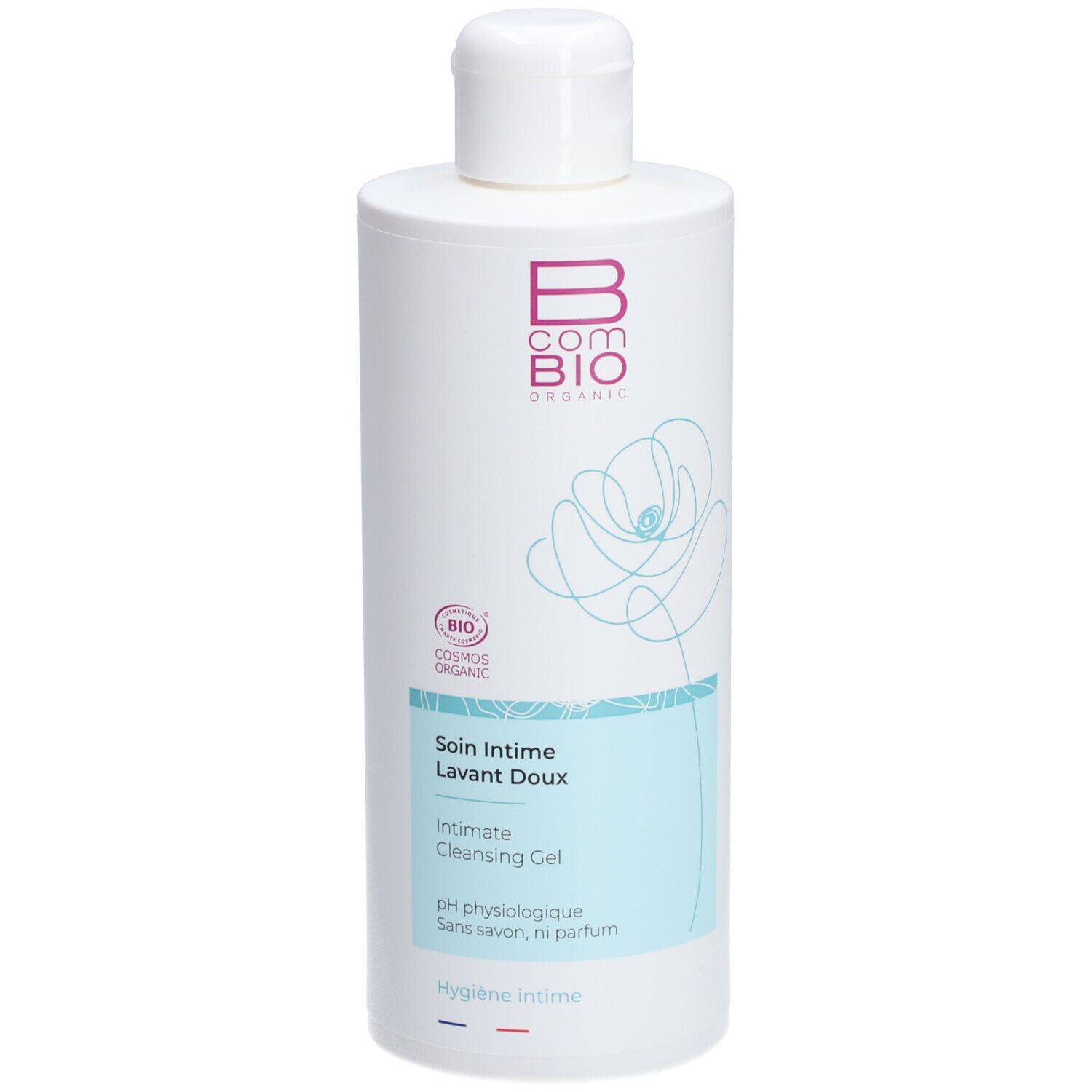 Weiße Flasche mit Schraubverschluss. Aufschrift: Bcom Bio Organic, Soin Intime Lavant Doux, Intimate Cleansing Gel.