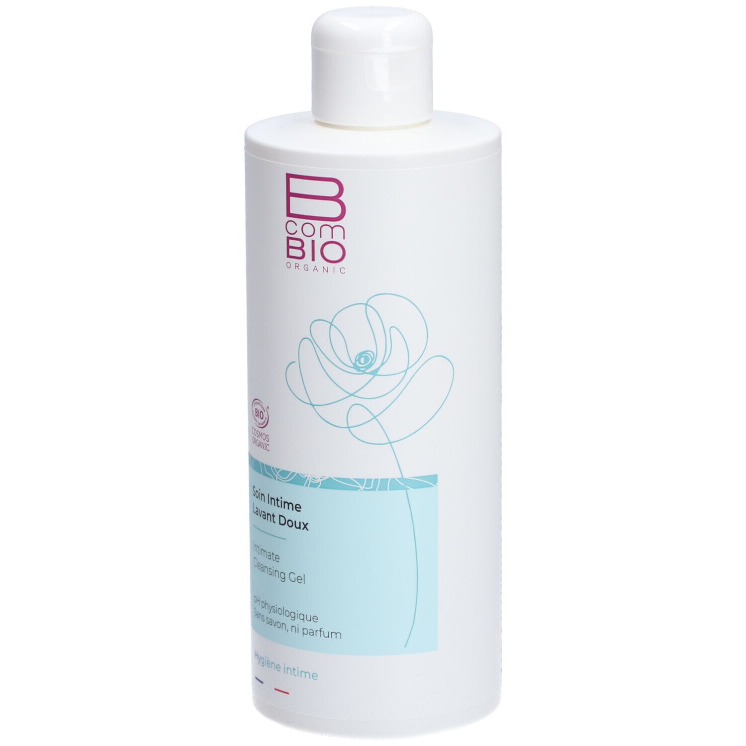 Weiße Flasche mit Schraubverschluss. Aufschrift: Bcom Bio Organic, Soin Intime Lavant Doux, Intimate Cleansing Gel.