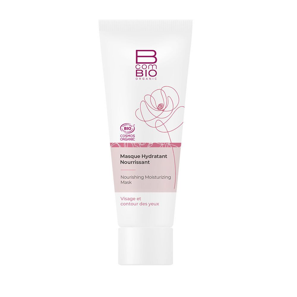 Tube blanc avec impression rose. Logo : B com bio organic. Texte : Masque Hydratant Nourrissant. Certification bio.