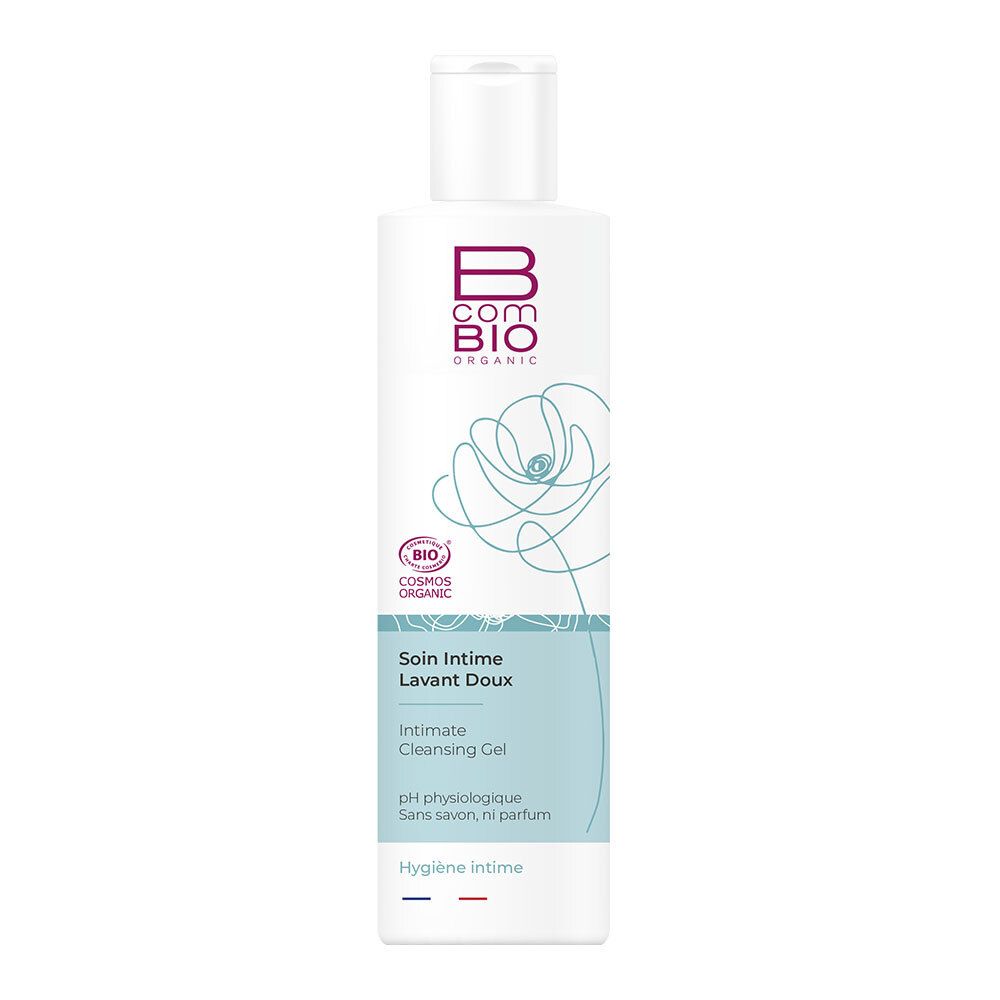 Weiße Flasche mit Bcom Bio-Logo und Produktbezeichnung. Enthält ein Bio-Zertifizierungslogo. Text: Soin Intime, Lavant Doux.