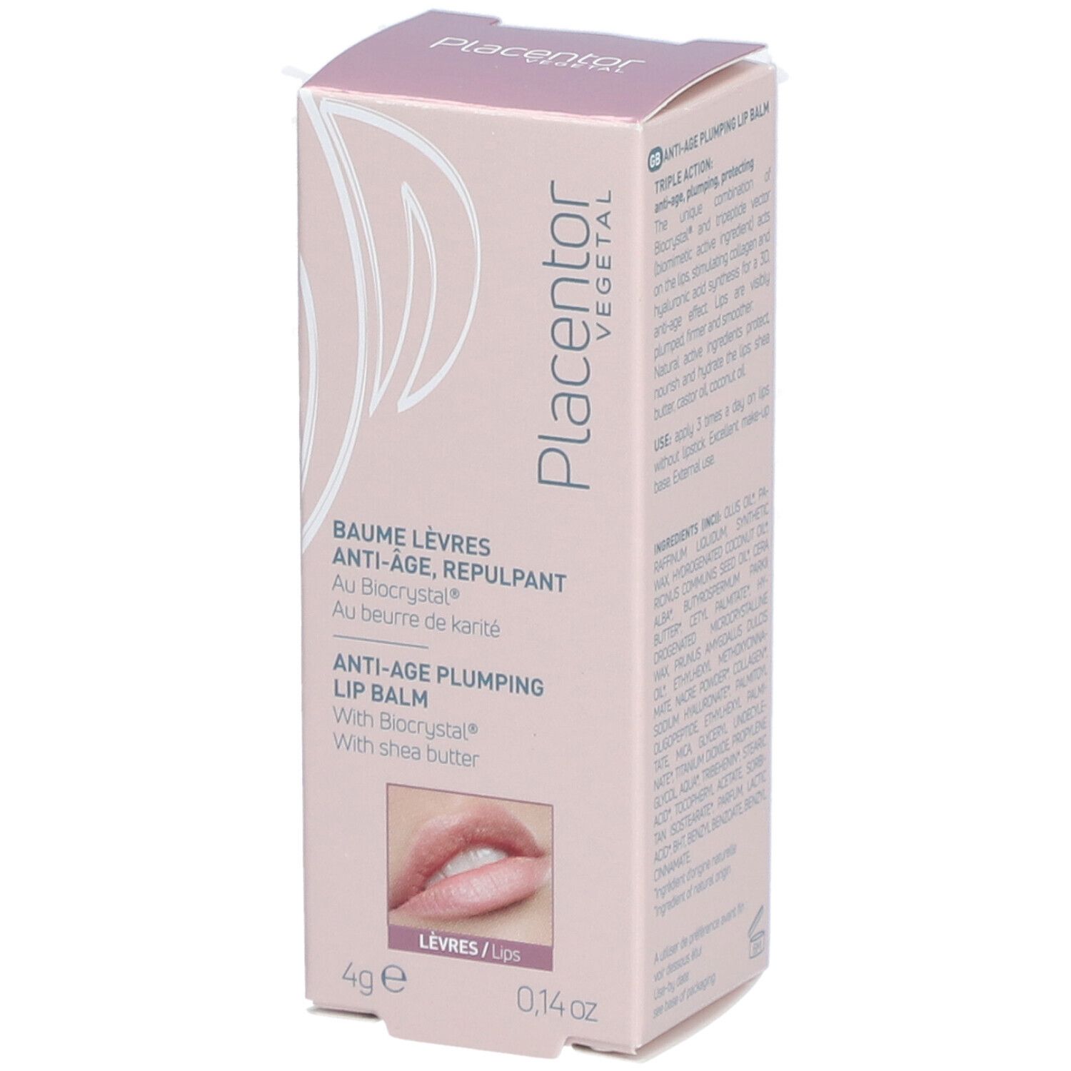 Boîte rose. Inscription: Placentor Vegetal, Baume Lèvres Anti-Âge, Repulpant. Image de lèvres. 4g.