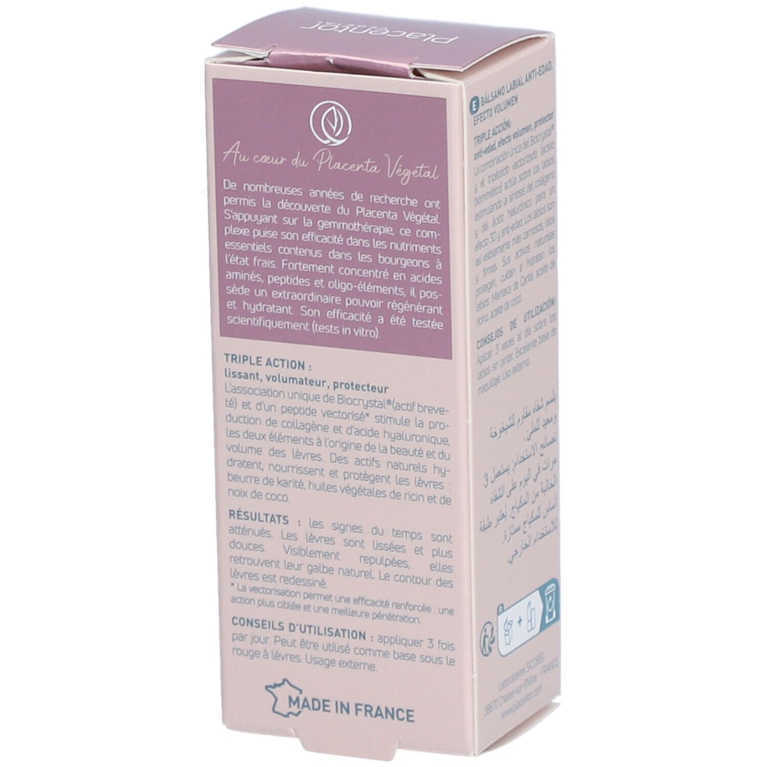 Côté de la boîte rose. Texte sur les ingrédients et la marque Placentor Vegetal. Fabriqué en France.