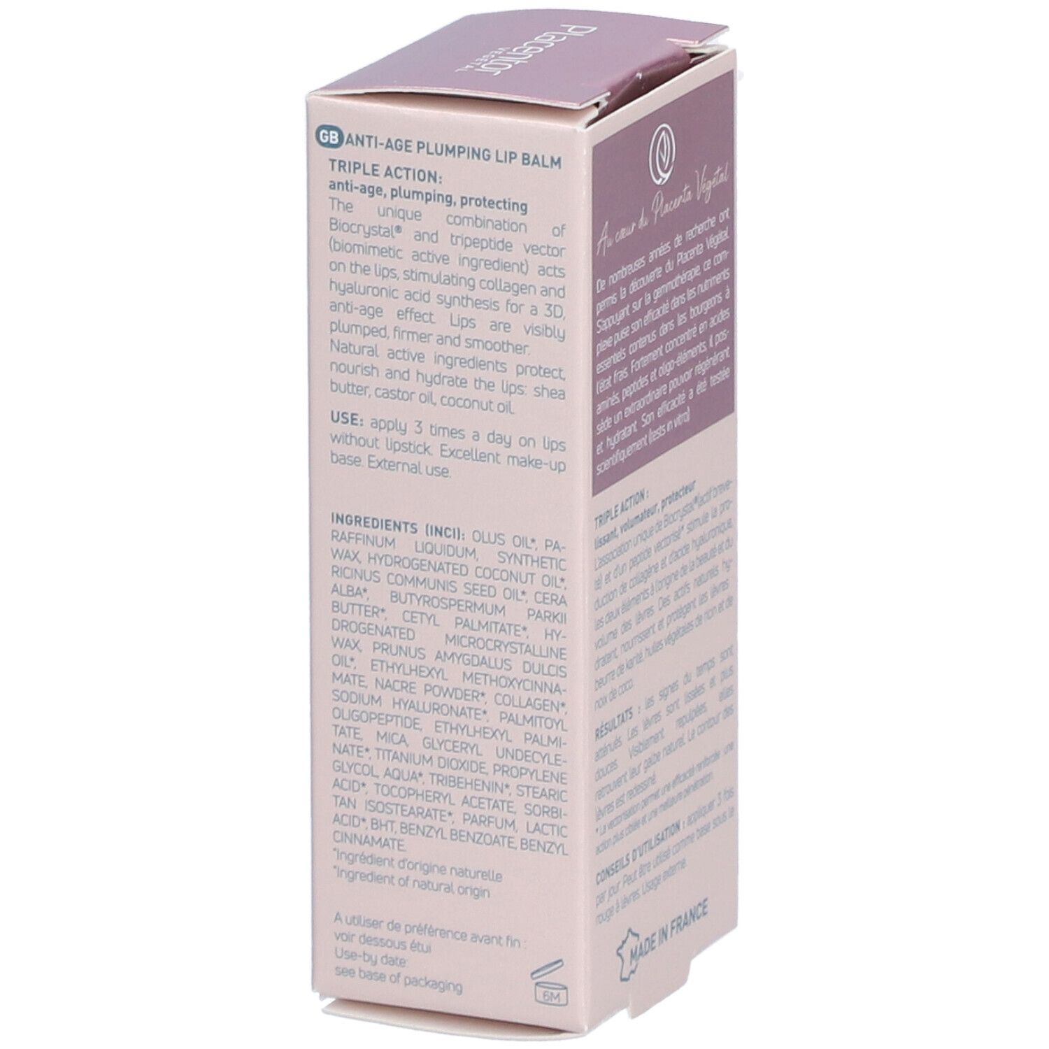 Côté de la boîte rose. Texte en anglais sur le produit. Fabriqué en France.