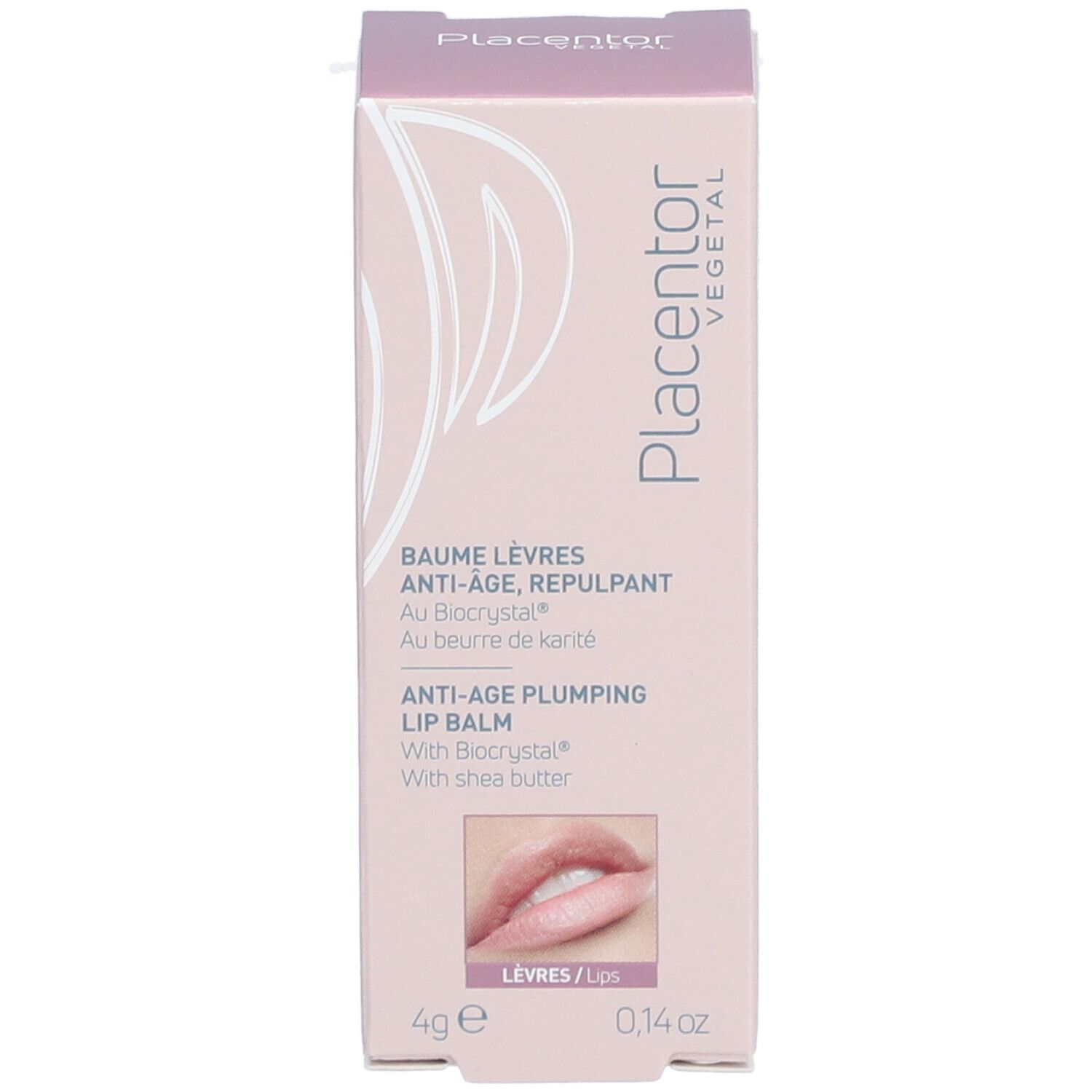 Boîte rose. Inscription: Placentor Vegetal, Baume Lèvres Anti-Âge, Repulpant. Image de lèvres. 4g.