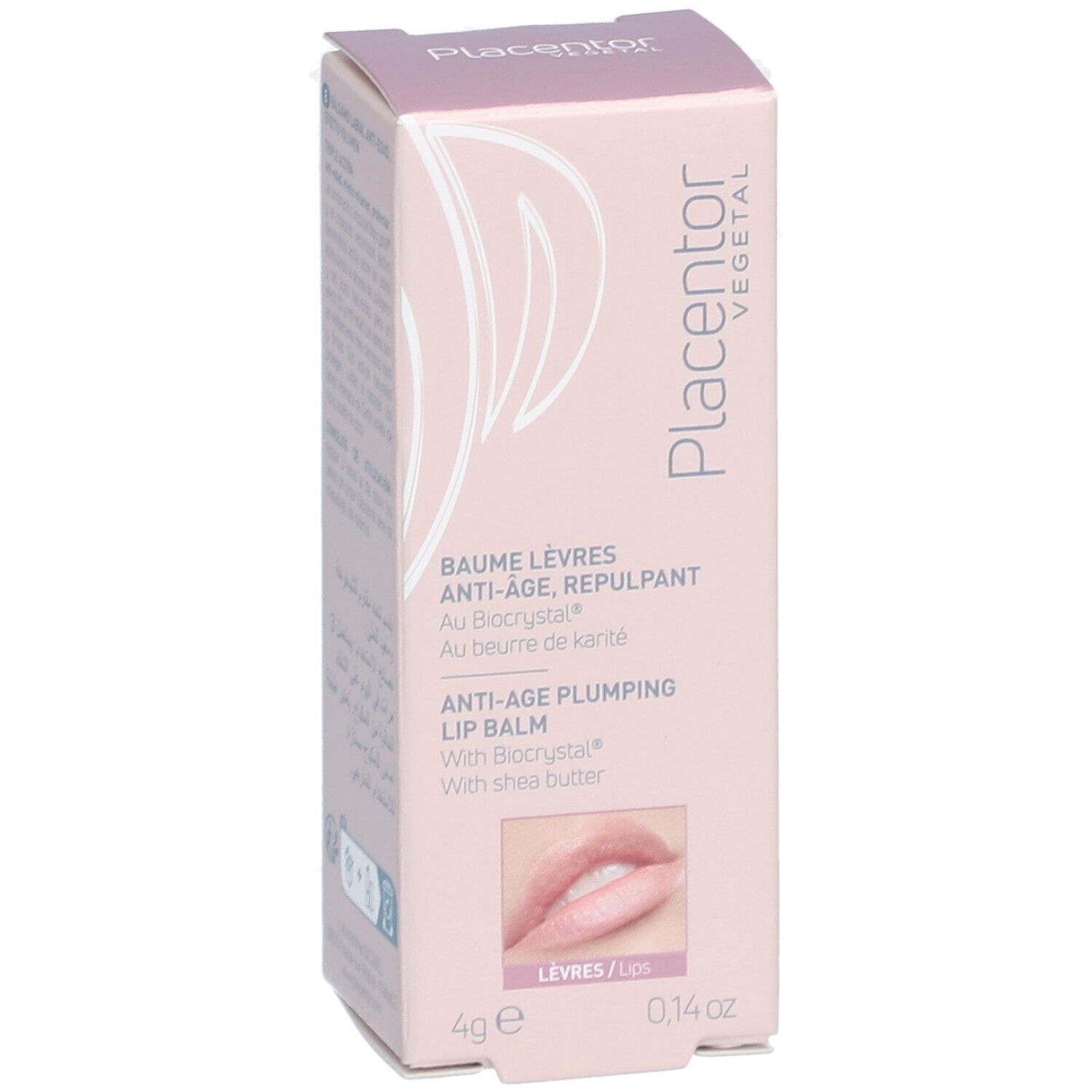 Boîte rose. Inscription: Placentor Vegetal, Baume Lèvres Anti-Âge, Repulpant. Image de lèvres. 4g.