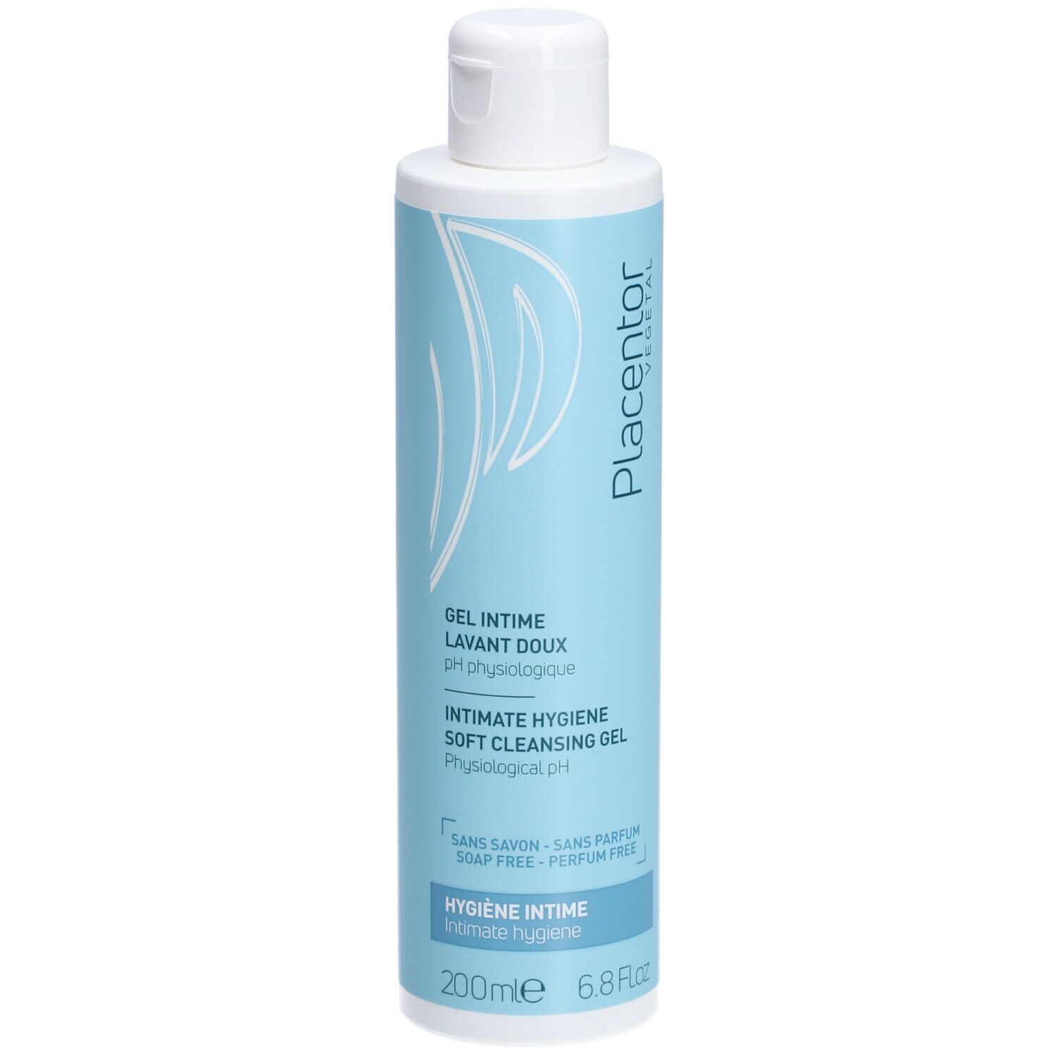 Hellblaue Flasche mit weißem Deckel. Aufschrift: Placentor, Gel Intime Lavant Doux, Intimate Hygiene Soft Cleansing Gel.