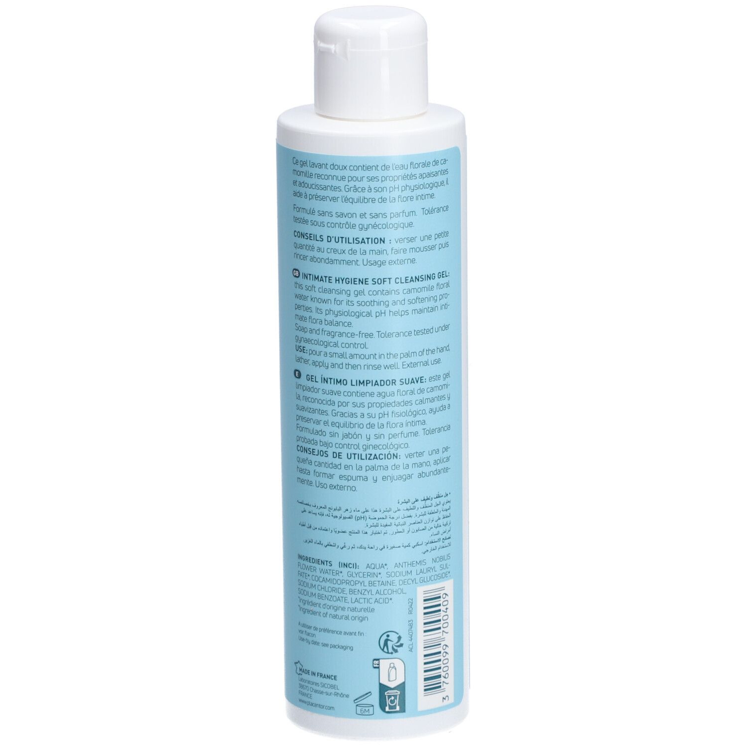 Rückseite einer hellblauen Flasche mit weißem Deckel. Text mit Inhaltsstoffen und Anwendungshinweisen.