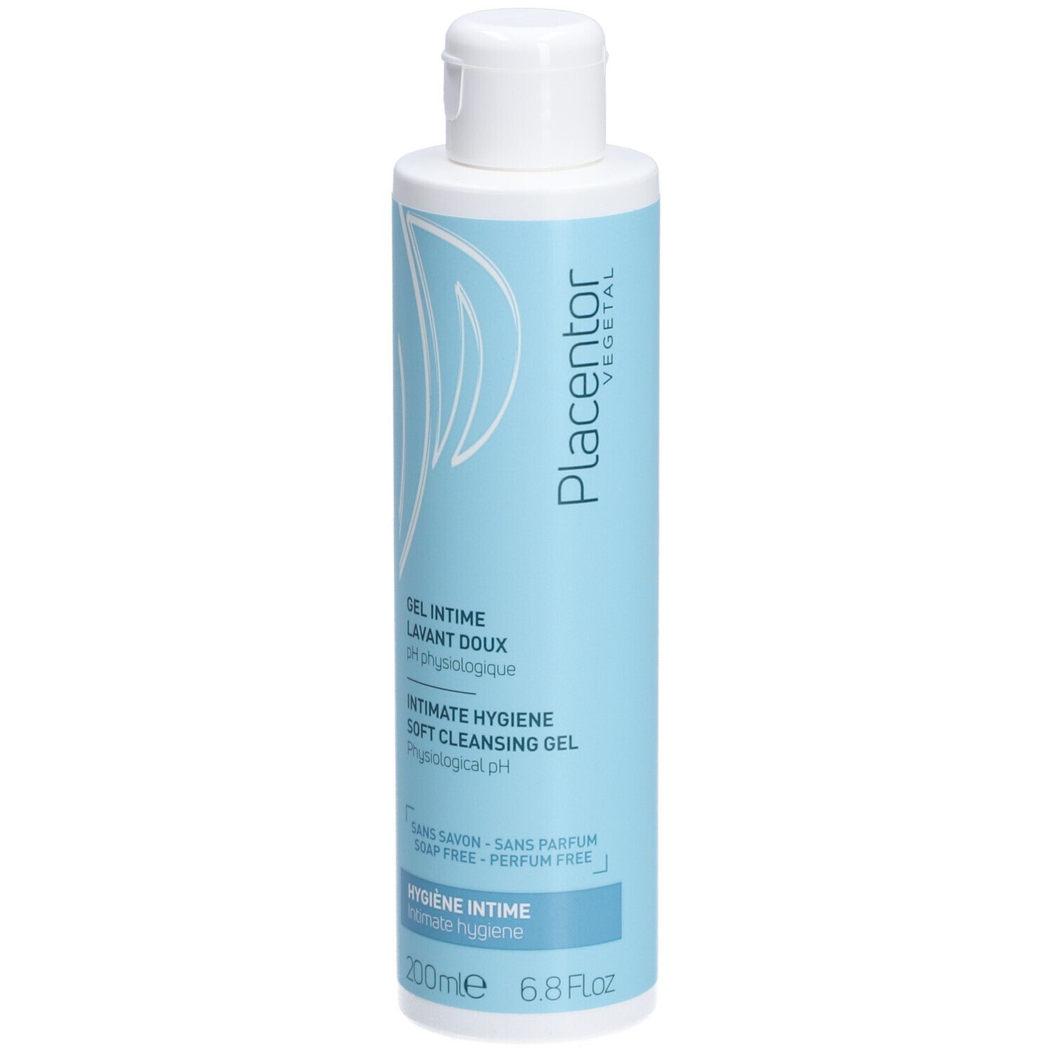 Hellblaue Flasche mit weißem Deckel. Aufschrift: Placentor Vegetal, Gel Intime Lavant Doux, Intimate Hygiene Soft Cleansing Gel.