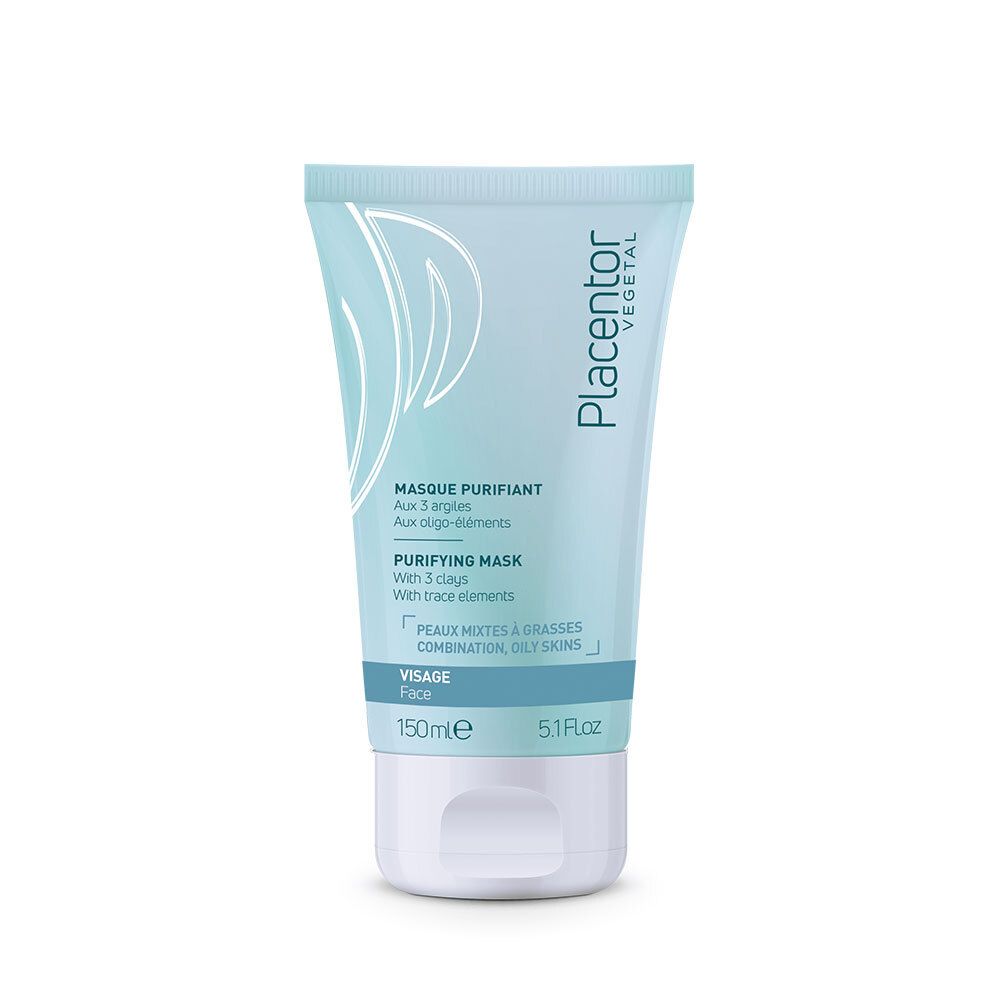 Hellblau-weiße Tube. Aufschrift: Placentor Vegetal, Masque Purifiant, Purifying Mask, 150ml, 5.1 Fl.oz. Für Mischhaut und fettige Haut.