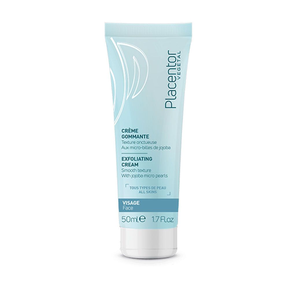 Hellblaue Tube mit weißem Deckel. Aufschrift: Placentor Vegetal, Crème Gommante, Exfoliating Cream. 50ml.